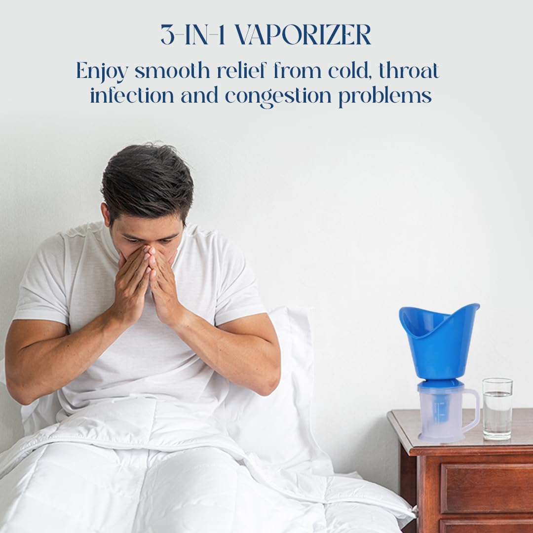 Perfecxa 3-in-1 Steam Vaporizer for Cold & Cough Relief - Portable Nose Steamer, Inhaler & Facial Vaporizer Machine - Soothing Steam Therapy for Congestion, Allergies & Dryness - Perfect for Home & Travel Use (Blue)
