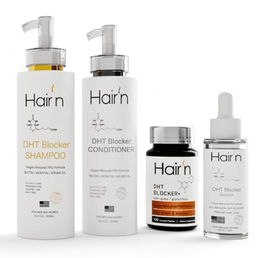 DHT Blocker Hair Growth Kit for Men & Women - Vegan & Botanical Shampoo, Conditioner, Serum & Supplement Set - Sulfate, Paraben & Hexane Free - Promotes Thicker, Healthier Hair - Perfect for Daily Hair Care & Scalp Nourishment