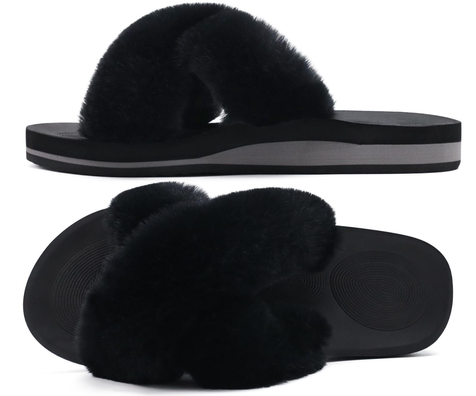 COFACE Women's Fuzzy Slides - Fluffy Faux Fur House Slippers with Arch Support, Open Toe Comfort Sandals for Indoor/Outdoor Wear - Perfect for Yoga, Lounging at Home, and Quick Outdoor Errands