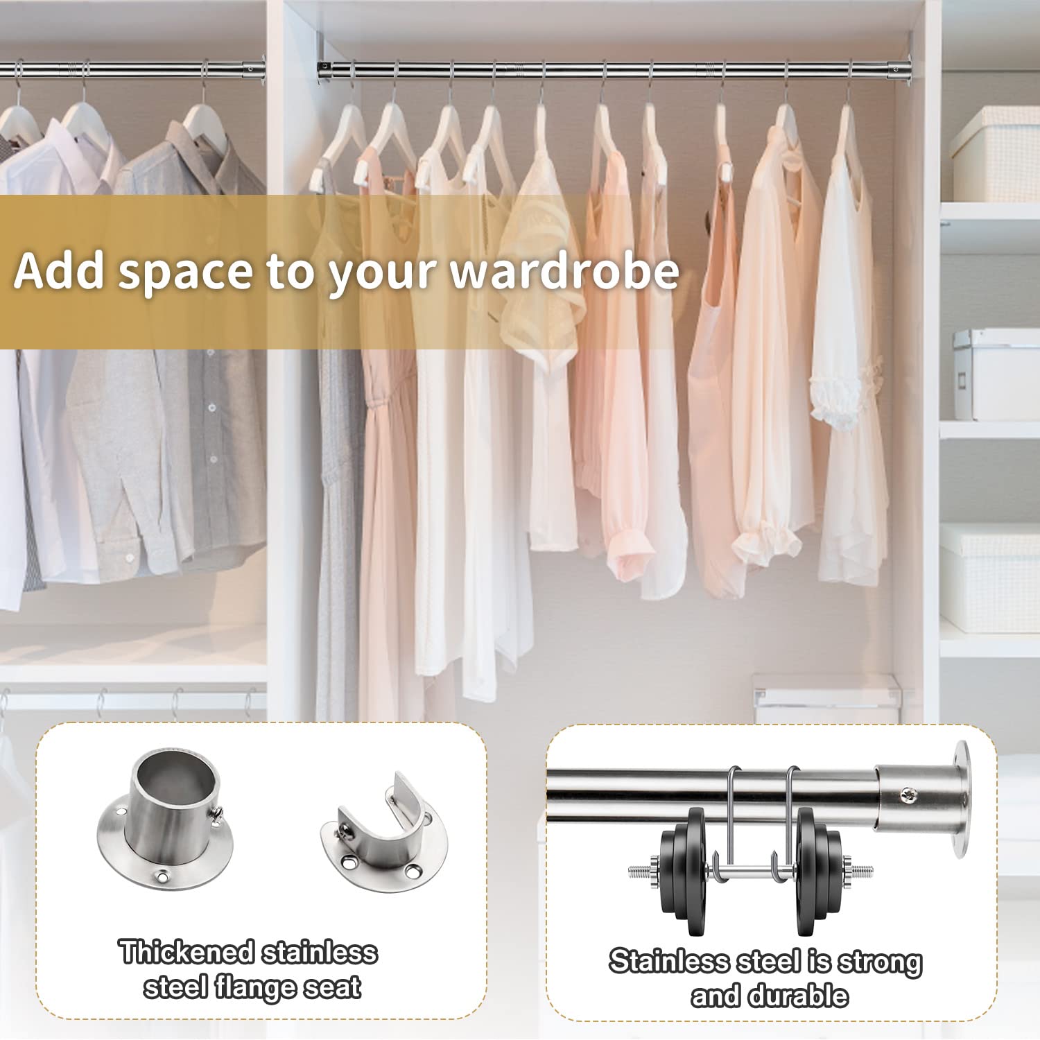 Adjustable Closet Rod 28-72 Inch Heavy Duty Stainless Steel Tension Pole for Hanging Clothes - Space Saving Wardrobe Organizer for Closets, Shoe Cabinets & Storage Rooms - Perfect for Small Spaces & Apartment Living