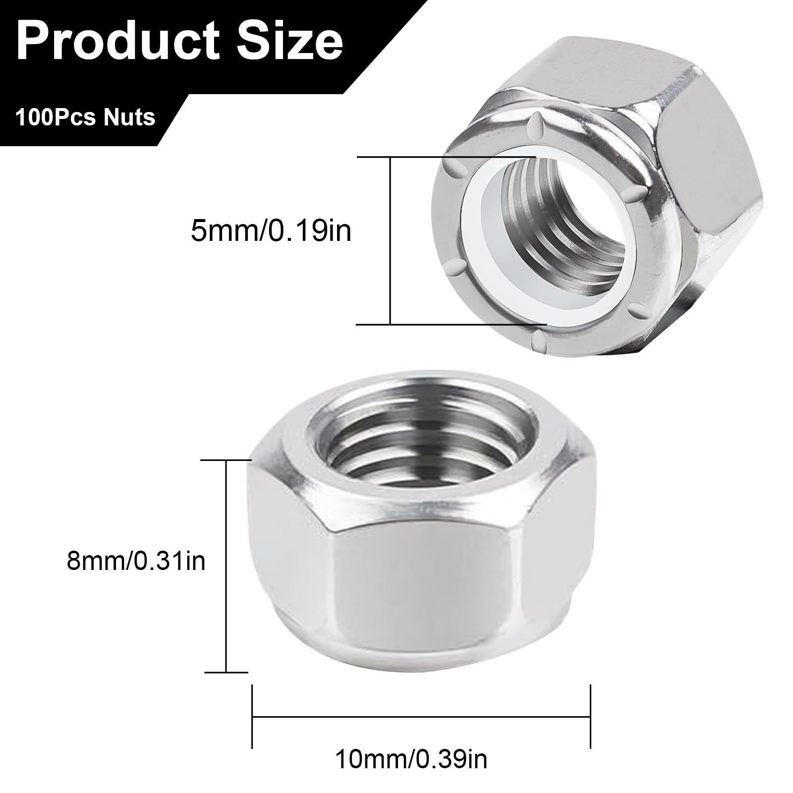 100pcs 1/4-20 Inch Nylon Insert Lock Nuts, 304 Stainless Steel Hex Lock Nuts - Self Locking Nylock Nuts for Bolts & Screws - Perfect for Automotive, Machinery & DIY Projects