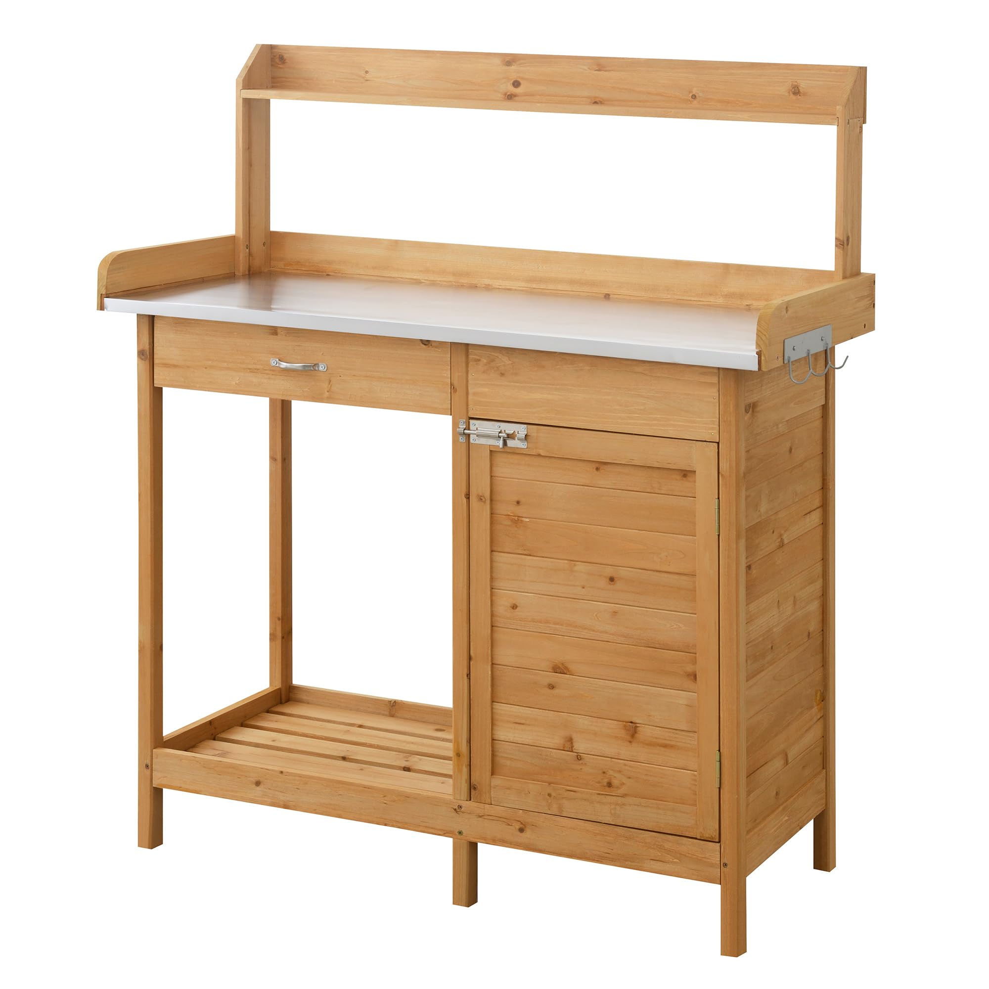 Deluxe 1 Drawer Potting Bench with Storage Cabinet & Shelves - Light Oak Wood Garden Workstation for Planting, Gardening & Outdoor Storage