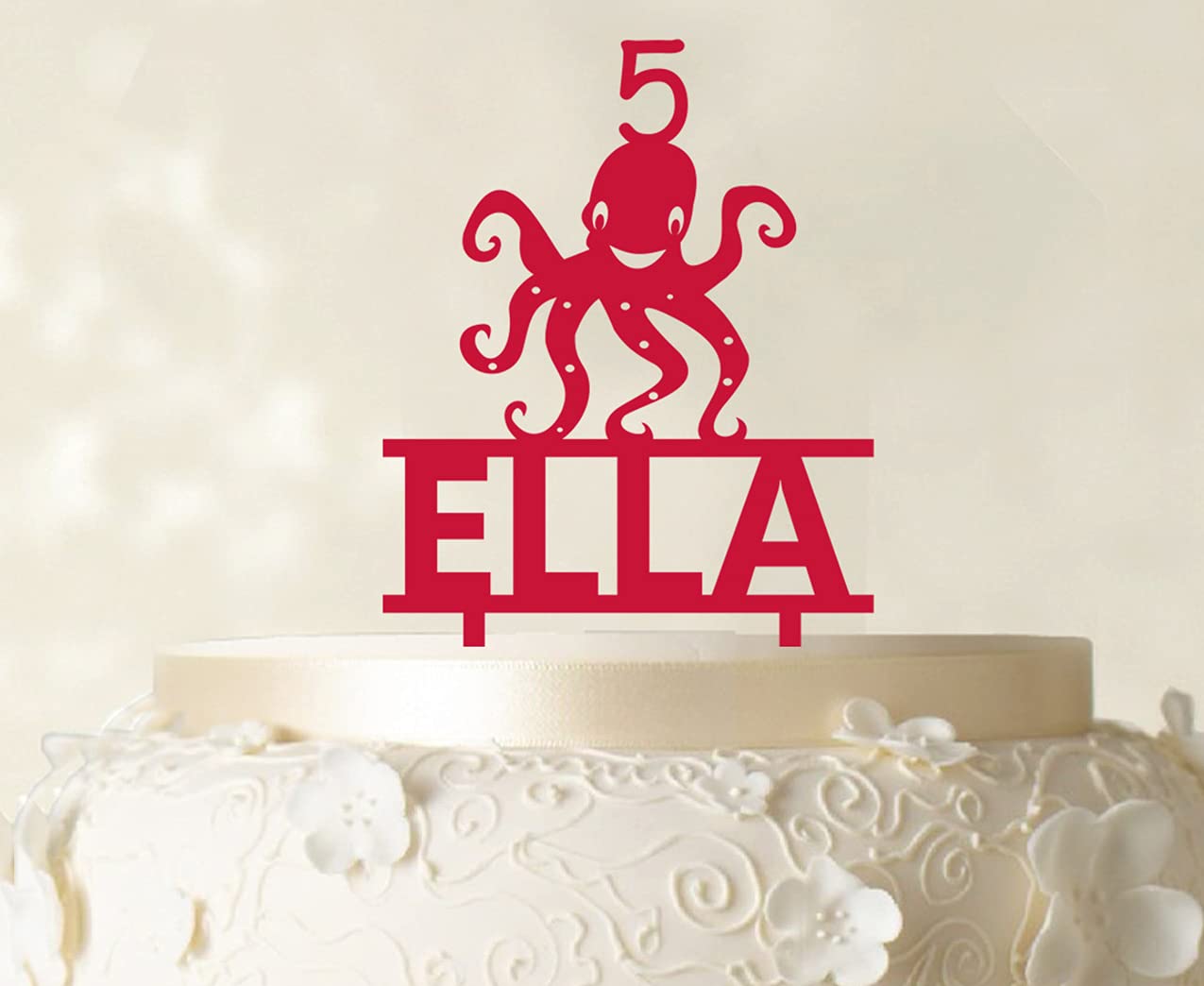Custom Name Cake Topper with Pink Octopus Figure - 6-7 Inch Wide Cake Decorations for Birthday Parties | Personalizable Color Options for Wedding, Baby Shower & Special Events