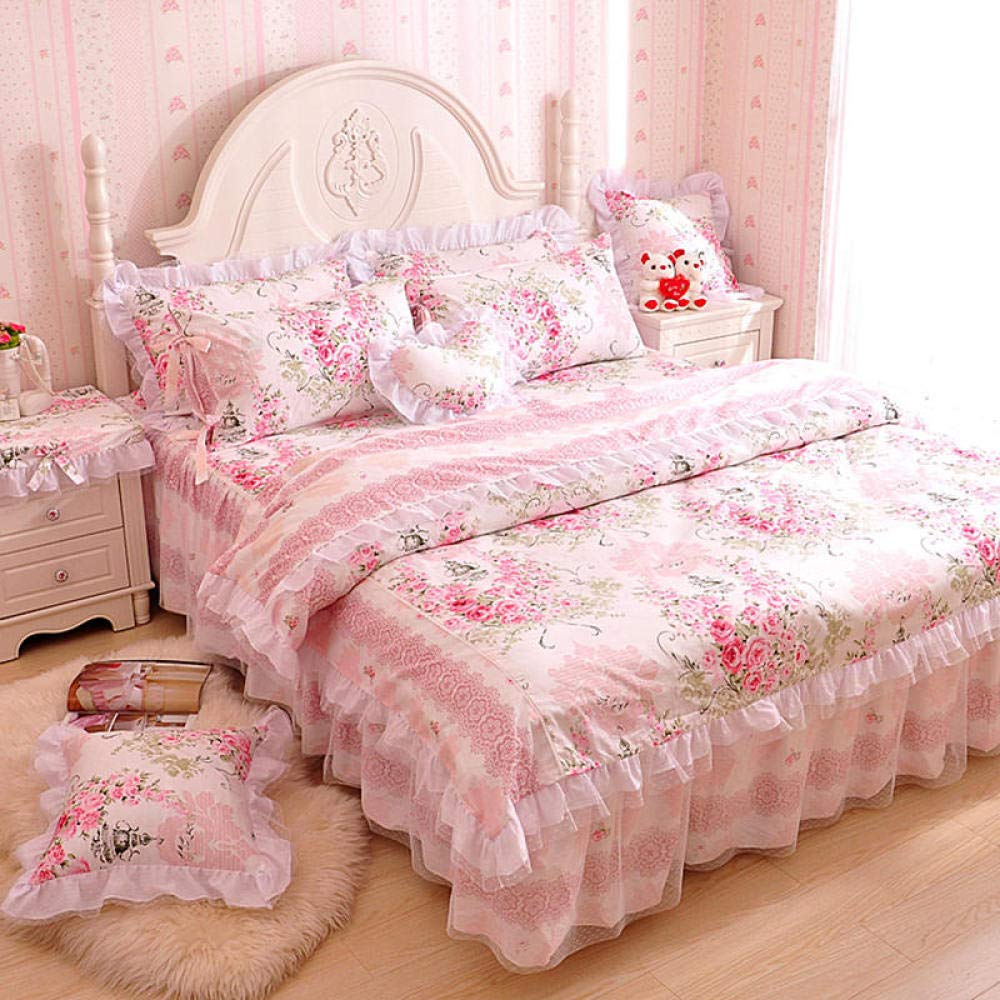 100% Cotton Pink & Blue Double Size Girls Bedding Set - Ruffled Korean Style Duvet Cover with Lace Bed Skirt | Princess Theme Bedroom Decor for Kids & Teens