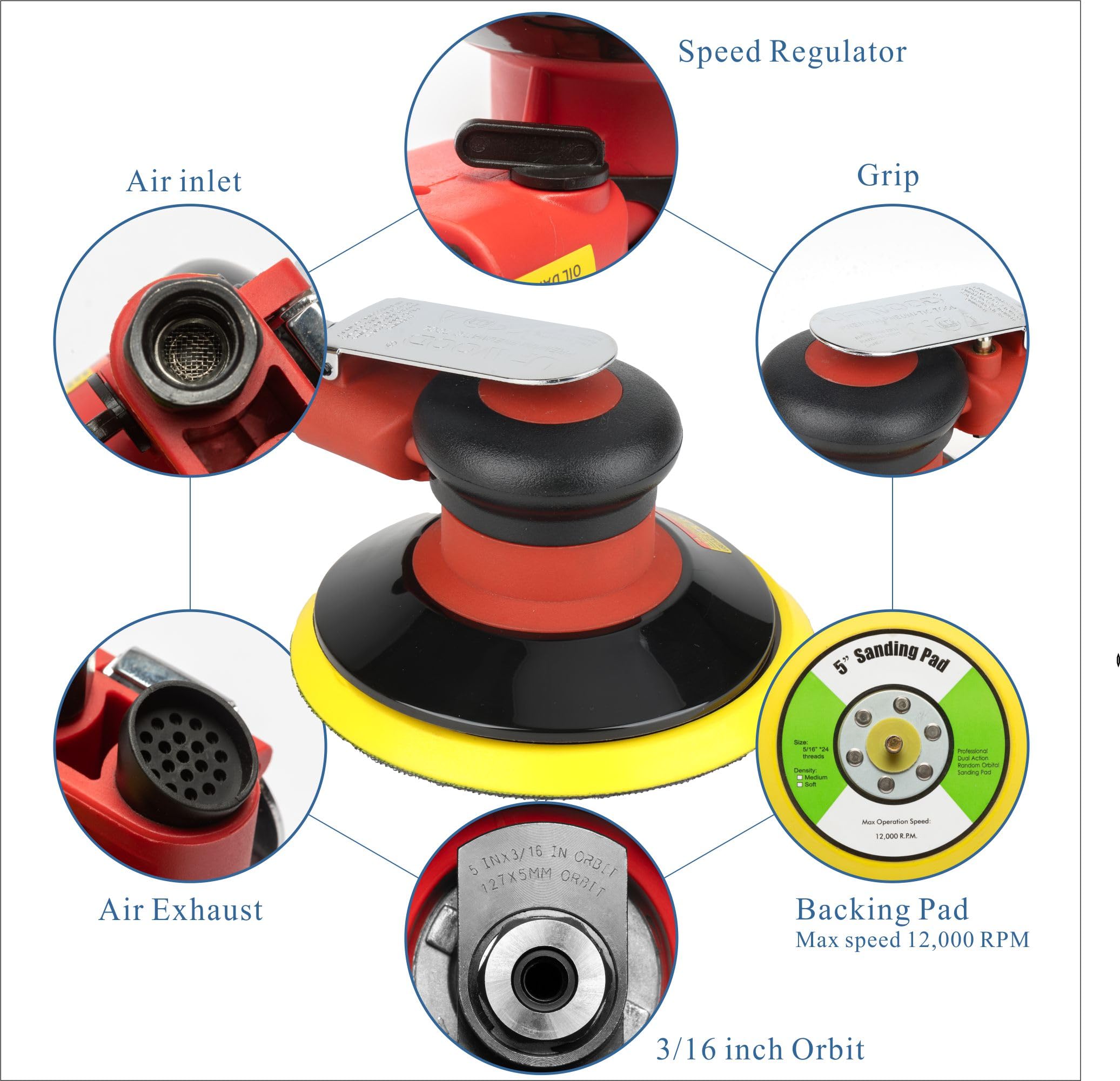 UPWOOD 6-Inch Heavy Duty Air Random Orbital Sander - Pneumatic Palm Sander with 10 Sandpapers for Auto Body, Woodworking, Metal & Composite Projects - Perfect for DIY, Furniture Refinishing & Automotive Repair