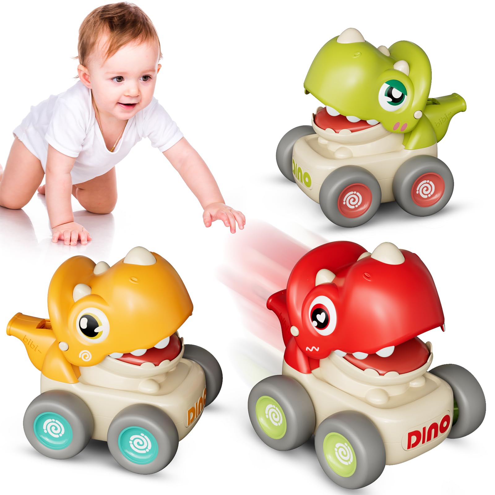 MOONTOY Dinosaur Push and Go Cars for Toddlers 1-3 Years Old | 3PCS No Battery Required Toy Cars | Perfect Birthday Gift for 1 Year Old Boys | Fun Early Learning Toys for 12-18 Month Olds | Great for Indoor Play, Daycare & Preschool Activities