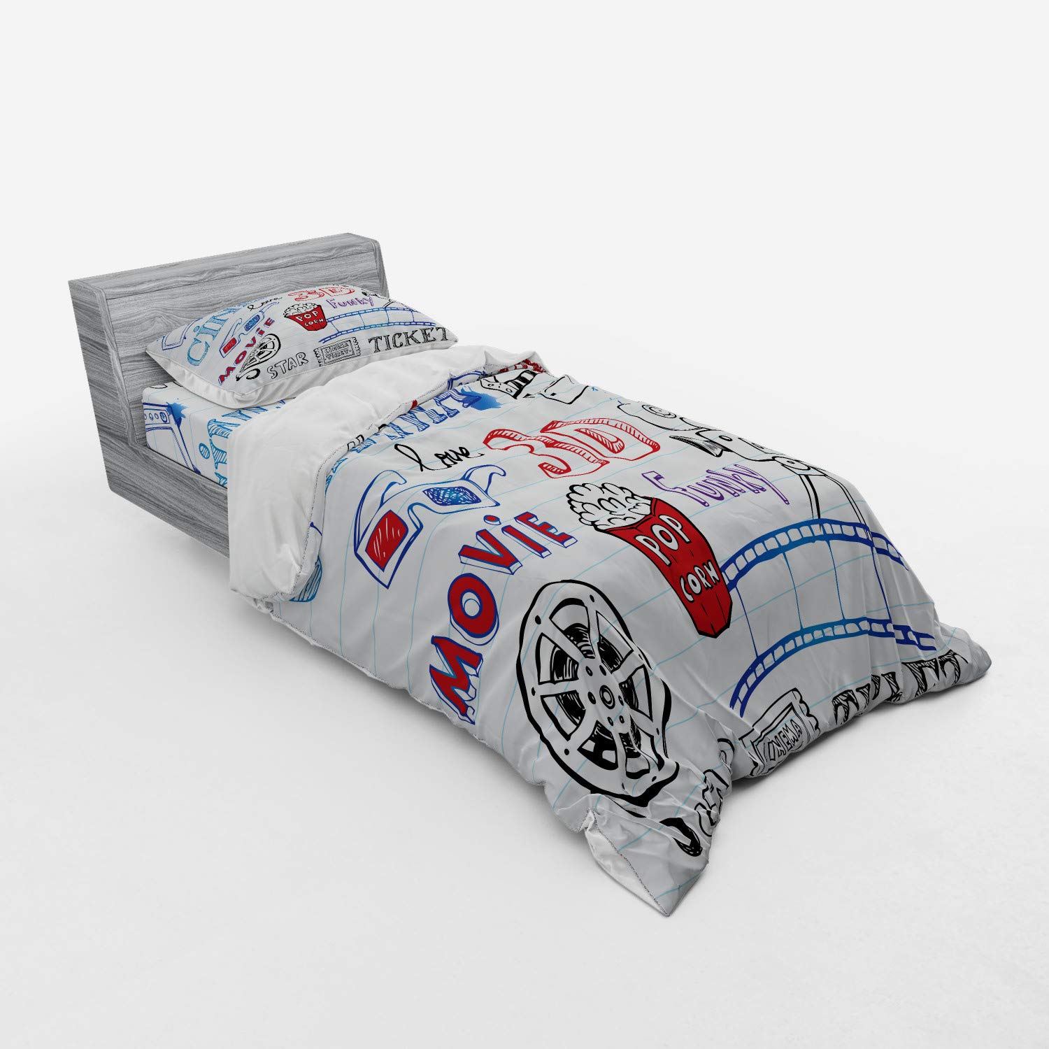 Ambesonne Hollywood Movie Theater Bedding Set - 3 Piece Duvet Cover Set with Pillow Sham & Fitted Sheet, Twin XL Size, Hand-Drawn Notebook Style Design in Red & Blue - Perfect for Movie Lovers' Bedroom Decor & Themed Home Theater Setup