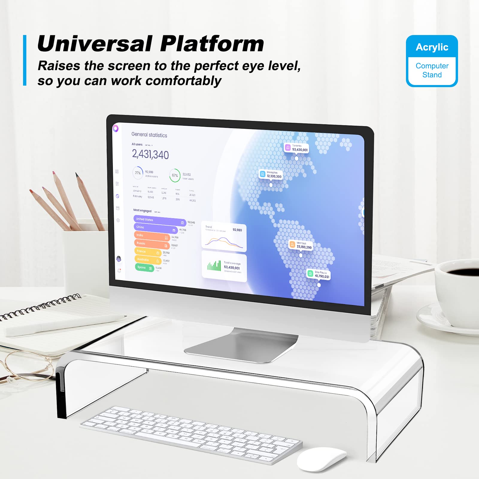 Clear Acrylic Monitor Stand Riser with Storage - Ergonomic Laptop & Computer Stand for Desk Organization | Perfect for Home Office, Gaming Setup & School Workspace