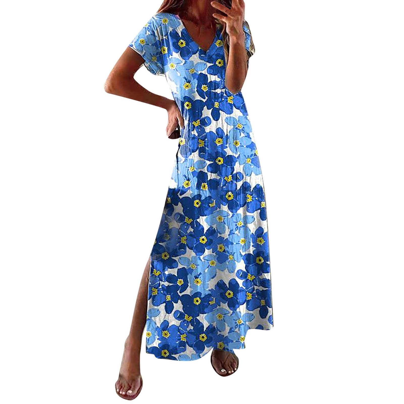 Women's Summer Maxi Dress - Short Sleeve Boho V-Neck Casual Long Dress with Side Slit | Perfect for Beach Vacation, Spring Outings & Boho Chic Style