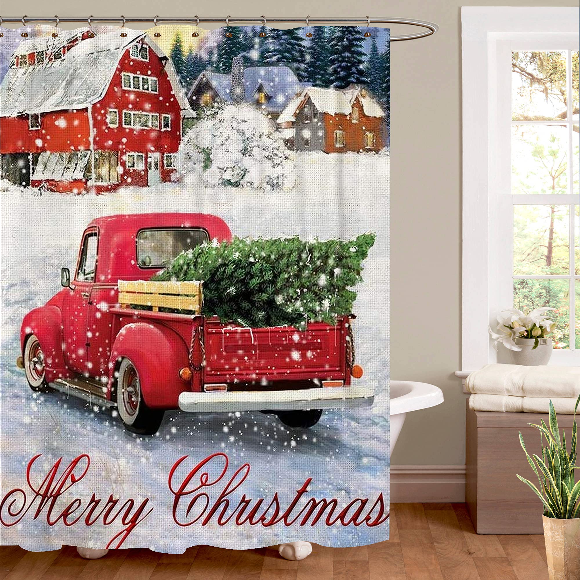 Vintage Red Truck Christmas Shower Curtain - Snowflake Holiday Bathroom Decor with Hooks, Waterproof Fabric for Festive Home & Bathroom Decor | Perfect for Christmas, Winter Holidays & Seasonal Bathroom Makeovers