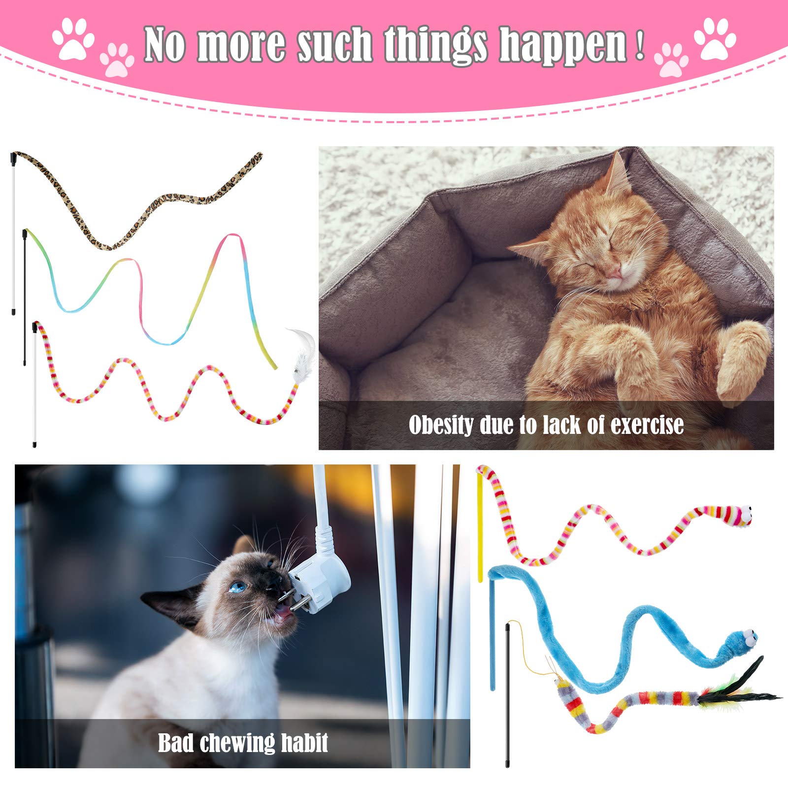6-Piece Interactive Cat Wand Toys with Feather & Bell - Safe Teaser Catcher Stick for Kittens & Adult Cats - Colorful Sounding Training & Exercise Toys for Indoor Play & Christmas Gifts