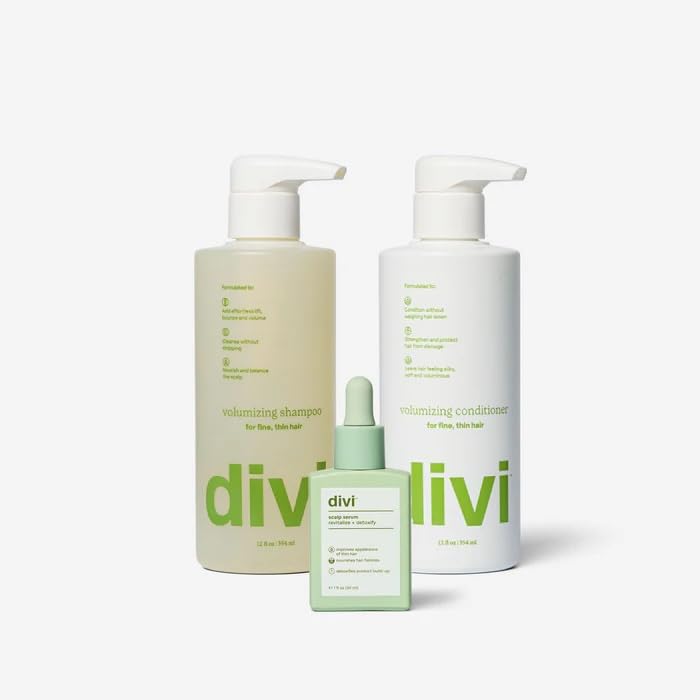 Divi Volumizing Hair Care Starter Bundle for Women & Men - Volumizing Shampoo, Conditioner & Scalp Serum Set for Fuller, Healthier Hair - Lightweight Formula for Fine & Thinning Hair - 3 Piece Hair Growth Kit for Daily Use at Home or Salon