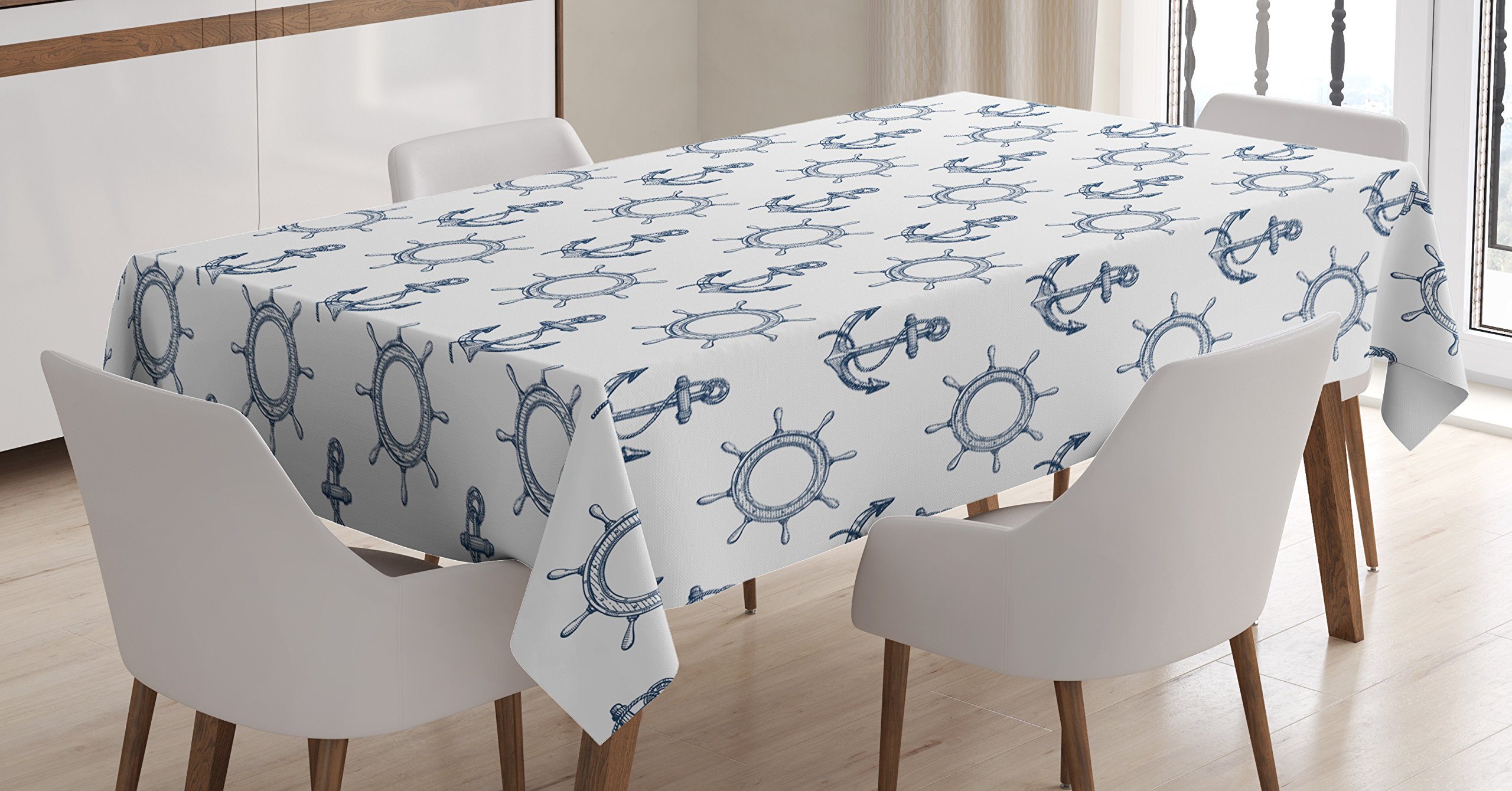 Ambesonne Anchor Tablecloth - Hand Drawn Nautical Design with Steering Wheels & Anchors, 52x70 Inch Navy Blue & White Rectangular Table Cover for Dining Room & Kitchen Decor | Perfect for Beach House, Coastal Theme Parties & Maritime Dining
