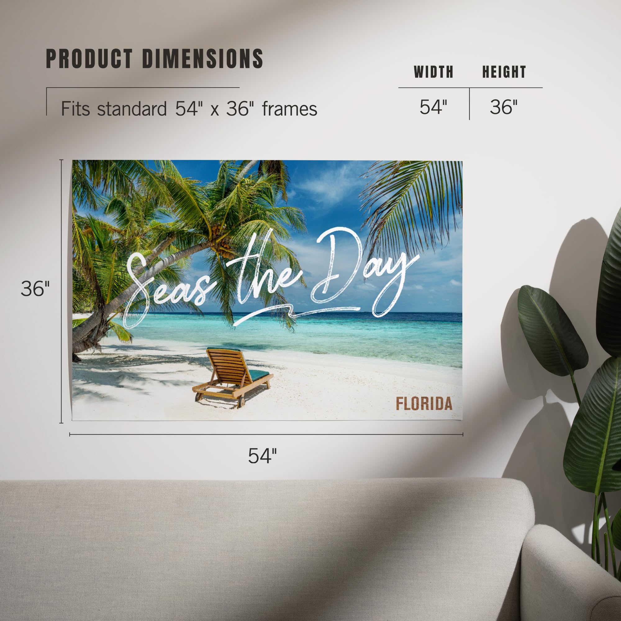 Lantern Press 36x54 Inch Giclee Art Print - Florida Beach Scene 'Seas the Day' with Lounger & Palm Trees - Coastal Wall Decor for Living Room, Bedroom or Office