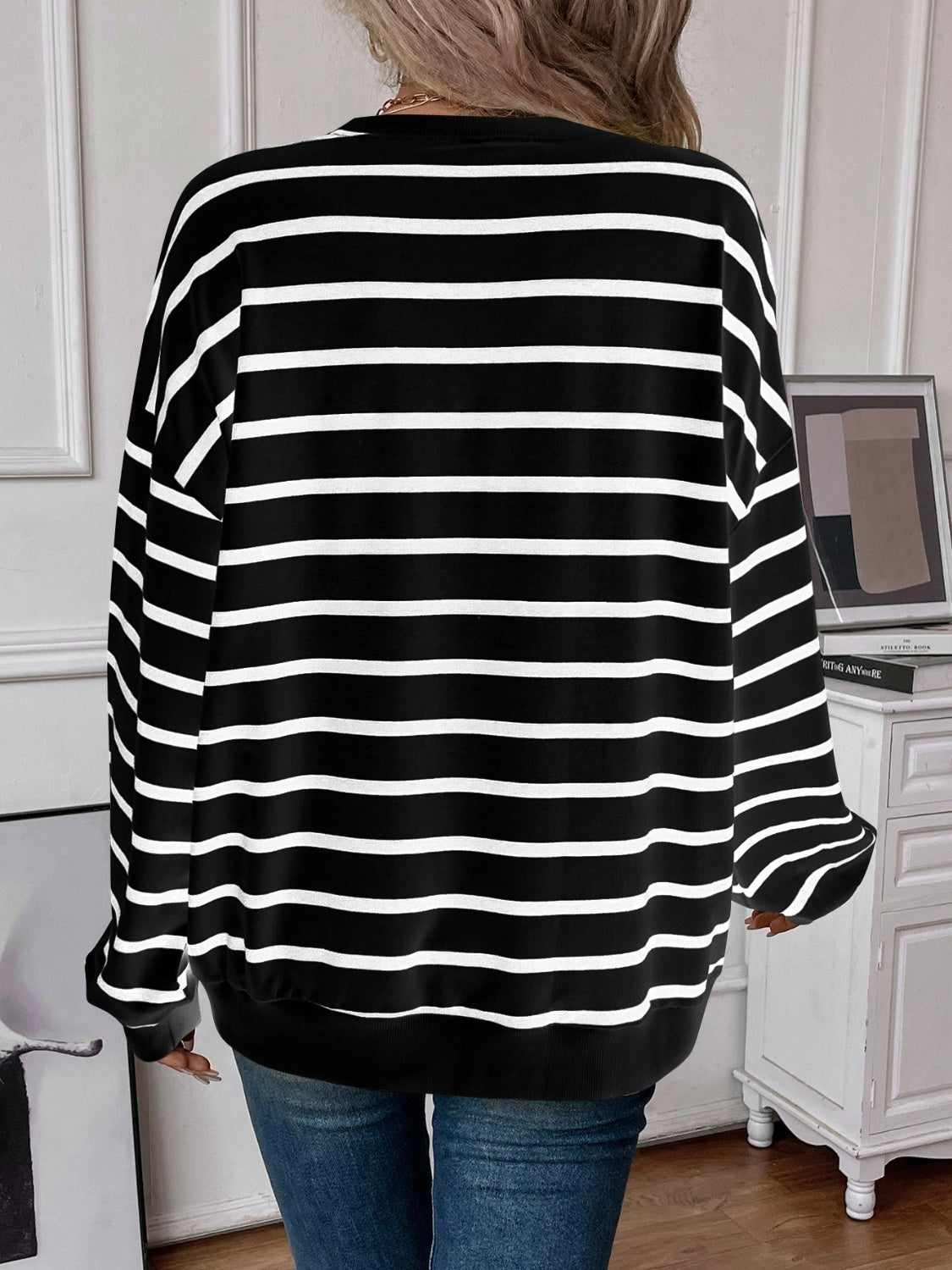 Lovelet Striped Round Neck Long Sleeve Sweatshirt for Women - Cozy Casual Pullover Top for Fall & Winter - Perfect for Lounge, Workout, and Everyday Wear