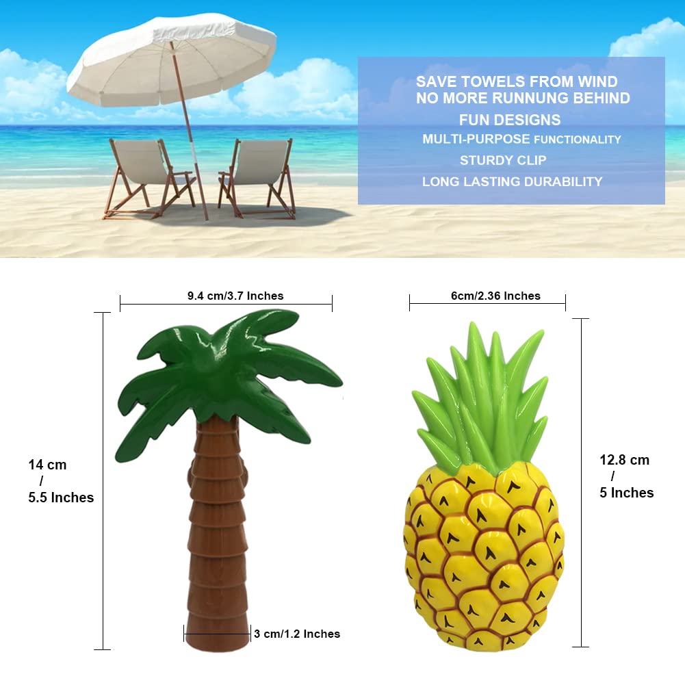 4 Pack Large Plastic Beach Towel Clips - Palm Tree & Pineapple Design - Strong Clothespins for Hanging Towels on Beach Chairs, Pool Loungers & Cruise Chairs - Perfect for Vacation, Swimming & Outdoor Relaxation