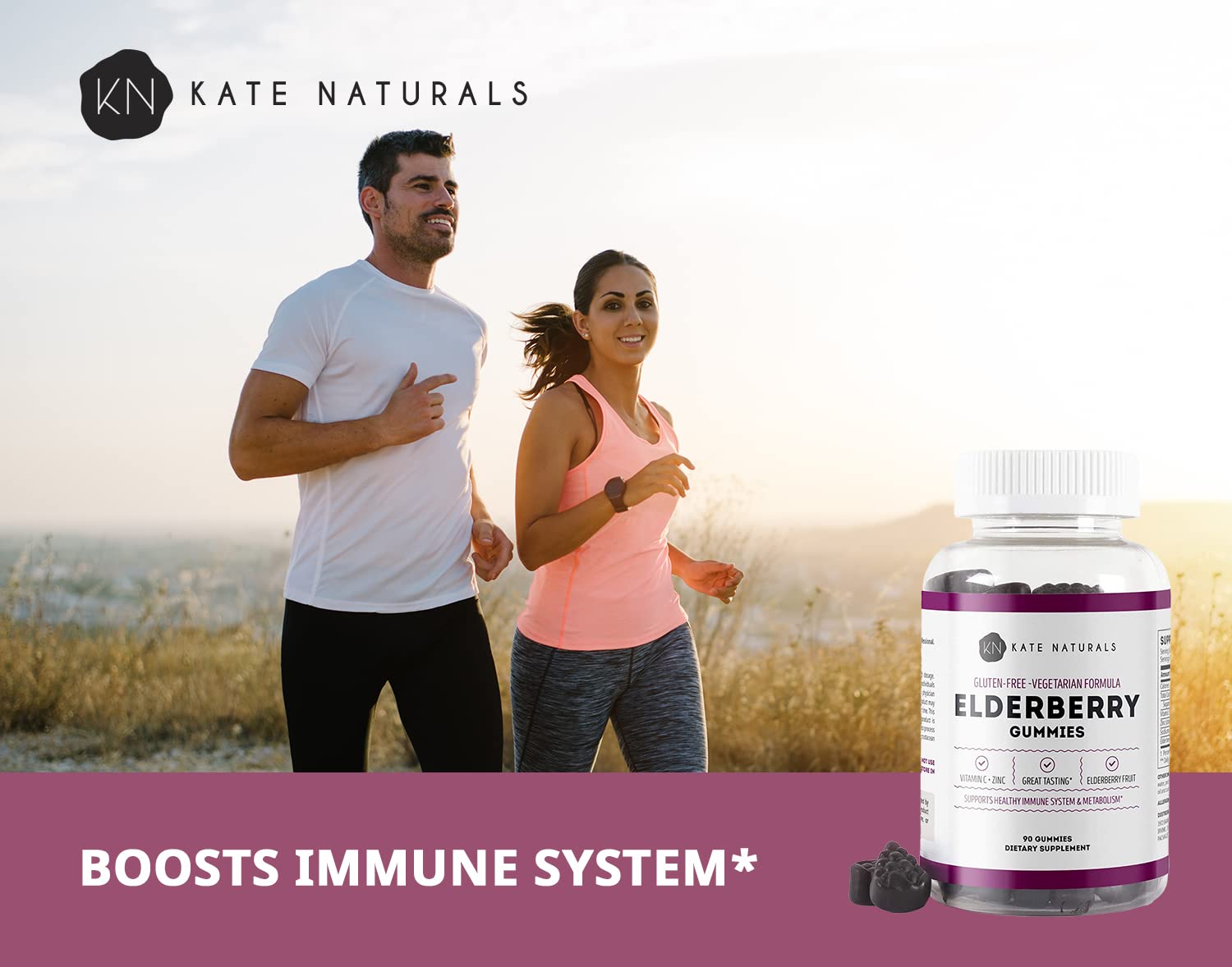 Kate Naturals Elderberry Gummies with Vitamin C & Zinc - Immune Support Supplement for Adults & Kids - Delicious Sambucus Berry Flavor - 90 Gummies (45 Day Supply) - Perfect for Daily Wellness, Cold Season Protection & Family Health