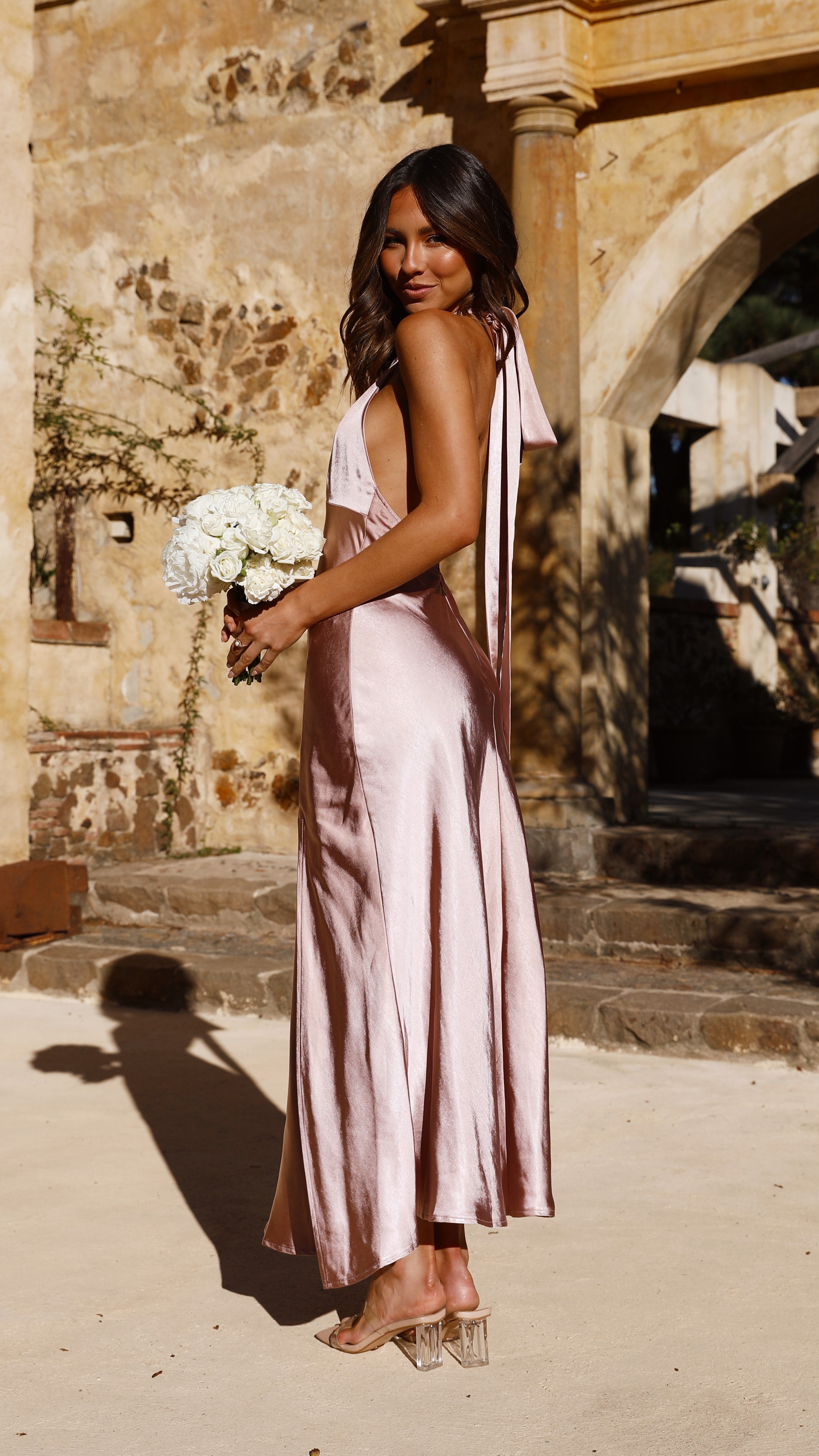 Amalia Maxi Dress for Women - Elegant Dusty Pink Flowy Long Dress for Summer, Beach, Wedding & Special Occasions