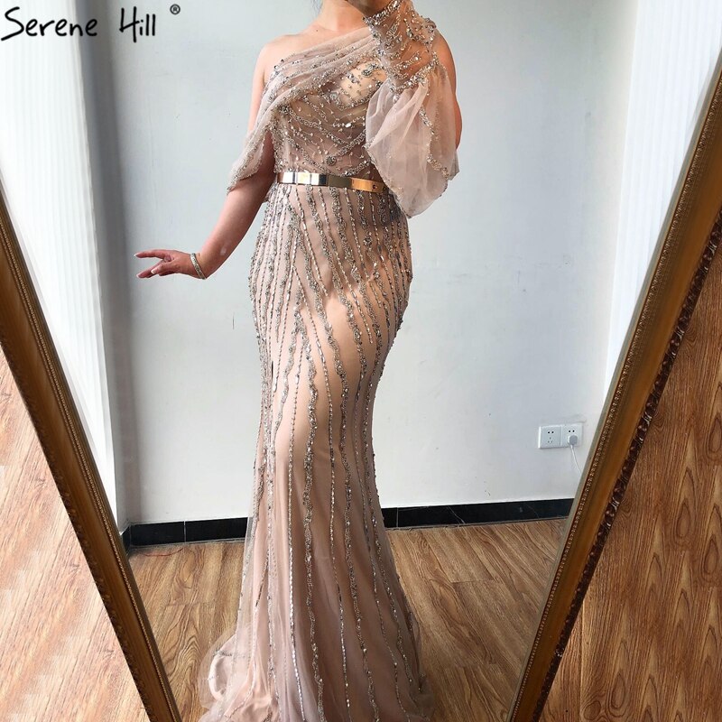 Serene Hill Luxury Beaded One Shoulder Mermaid Evening Gown - Elegant High Split Nude Dress for Women 2025 | Perfect for Prom, Gala & Formal Parties (Style LA70258)