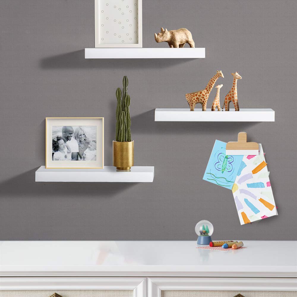 AHDECOR White Floating Shelves Set of 3 - Modern Wall Mounted Shelves for Home & Office Decor - Perfect for Bedroom, Kitchen, Living Room - Display Books, Photos & Decorative Items