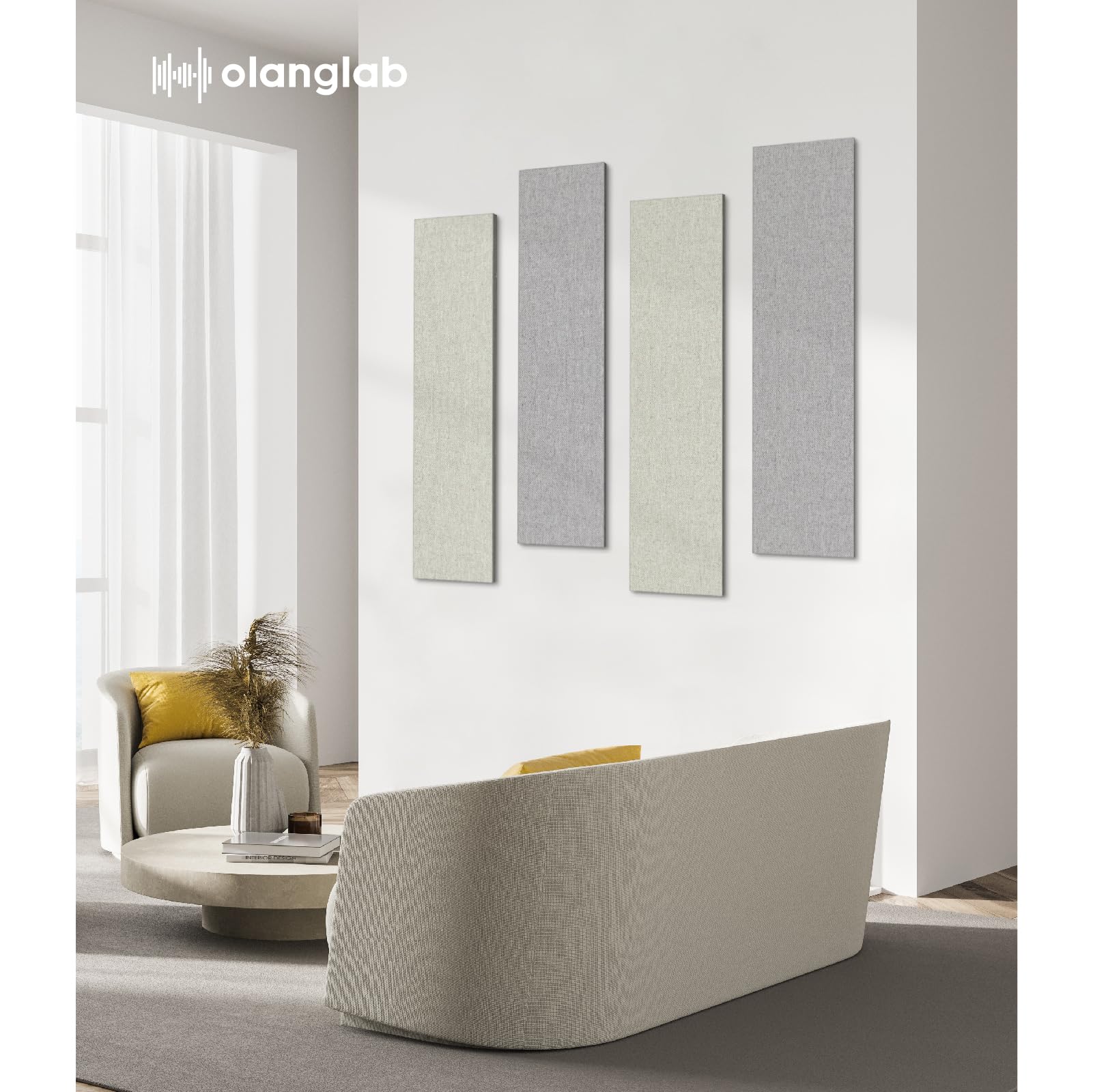 Olanglab 2 Pack Fabric Acoustic Panels 48x12x1 Inch - Sound Absorbing Noise Reducing Wall Panels for Home Studio, Office & Theater - Light Gray Soundproofing Dampening Deadening Foam Panels