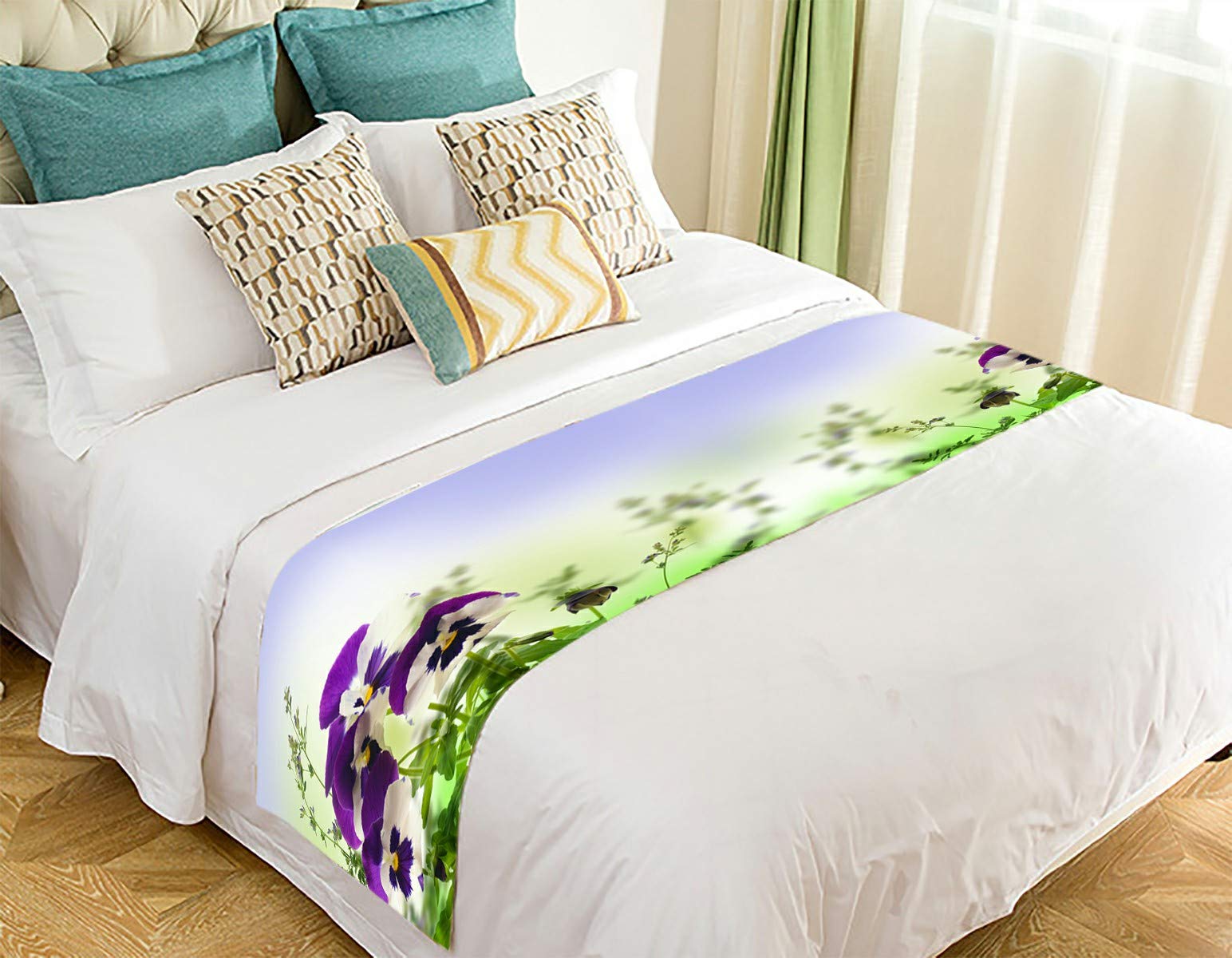 ECZJNT Blue Spring Violets Bed Runner - 20x95 Inch Floral Bed Scarf for Queen King Beds - Elegant Bedroom Decor for Weddings, Guest Rooms & Home Styling