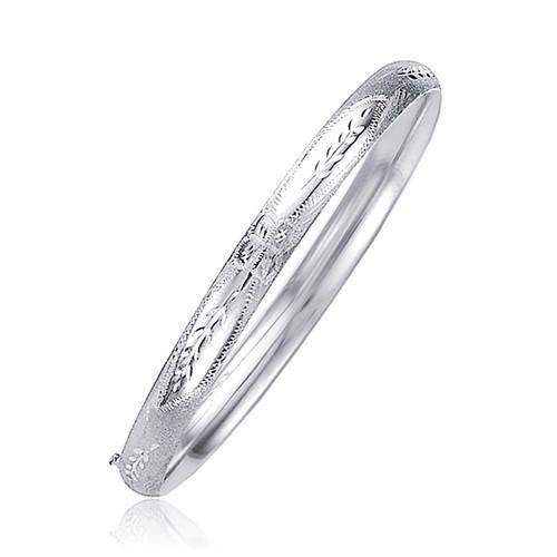 14K White Gold Floral Carved Bangle Bracelet - 5.0mm Wide, Size 8