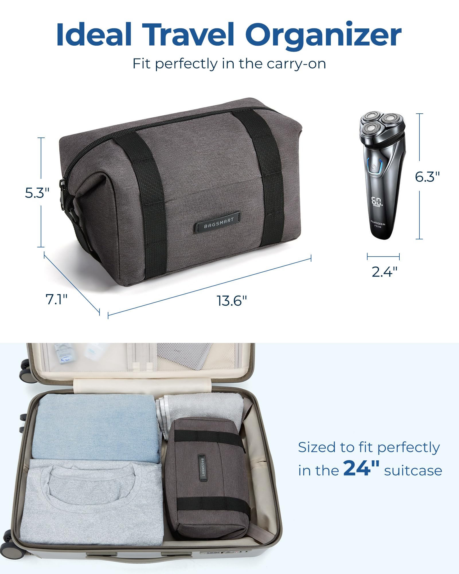 BAGSMART Large Waterproof Hanging Toiletry Bag for Men - Travel Shaving Dopp Kit Organizer with Multiple Pockets for Hygiene & Bathroom Essentials - Perfect Gift for Traveling, Camping & Gym Use - Black