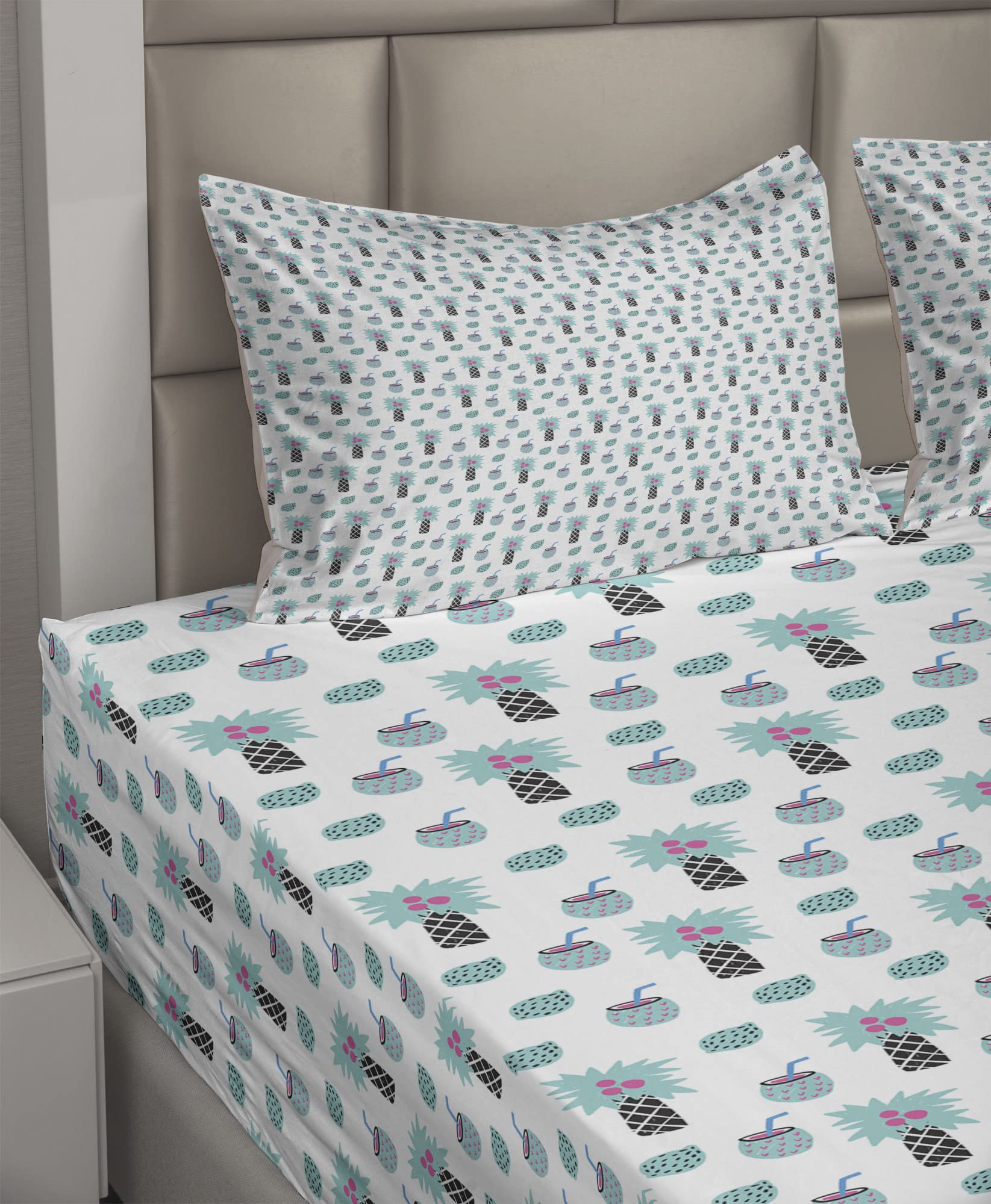 Ambesonne Exotic 4-Piece King Size Sheet Set - Tropical Lemon & Pineapple Hipster Fruit Print, Aqua Magenta & Black Bedding Set with Fitted Sheet, Flat Sheet & Pillowcases | Perfect for Summer Bedroom Decor, Guest Room Makeover or Beach House Retreat