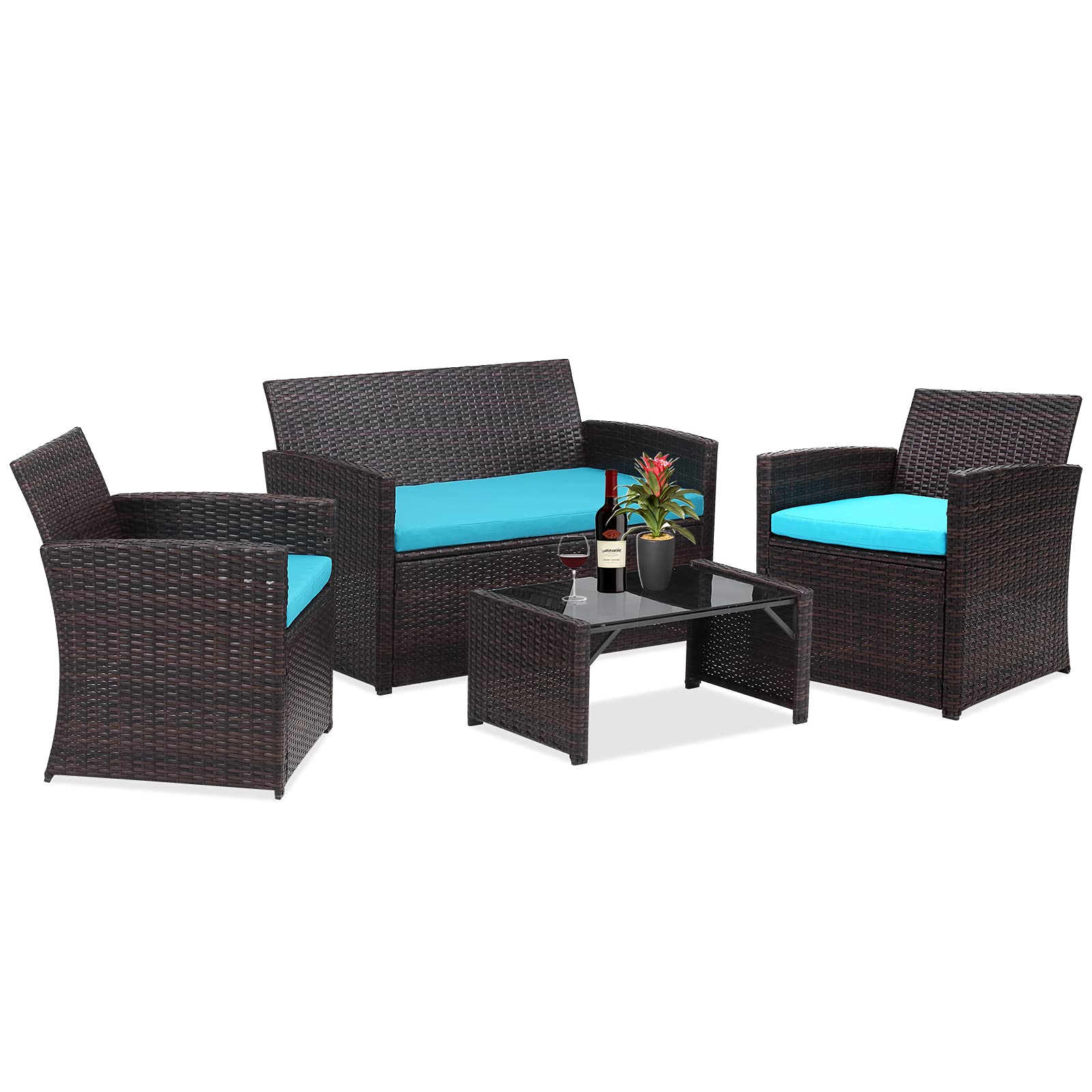 Saemoza 4-Piece Outdoor Patio Furniture Set - All-Weather Wicker Rattan Sofa Set with Tempered Glass Tabletop - Blue - Perfect for Backyard, Garden, Poolside & Patio Relaxation