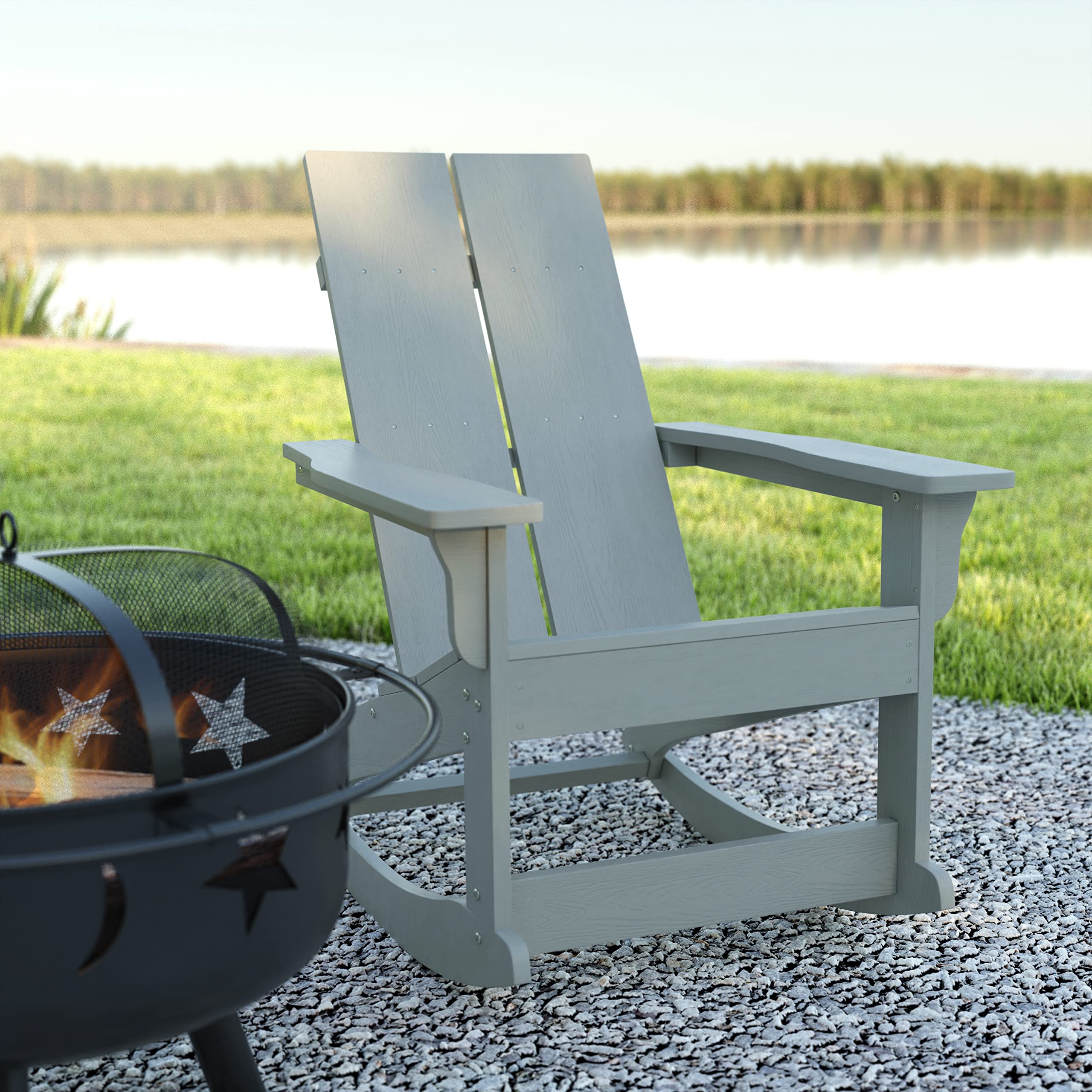 EMMA + OLIVER Harmon Adirondack Rocking Chair - Gray Poly Resin - Indoor/Outdoor All-Weather Rocking Chair - Easy Assembly - 350 lb Weight Capacity - Perfect for Patio, Garden, Porch & Backyard Relaxation