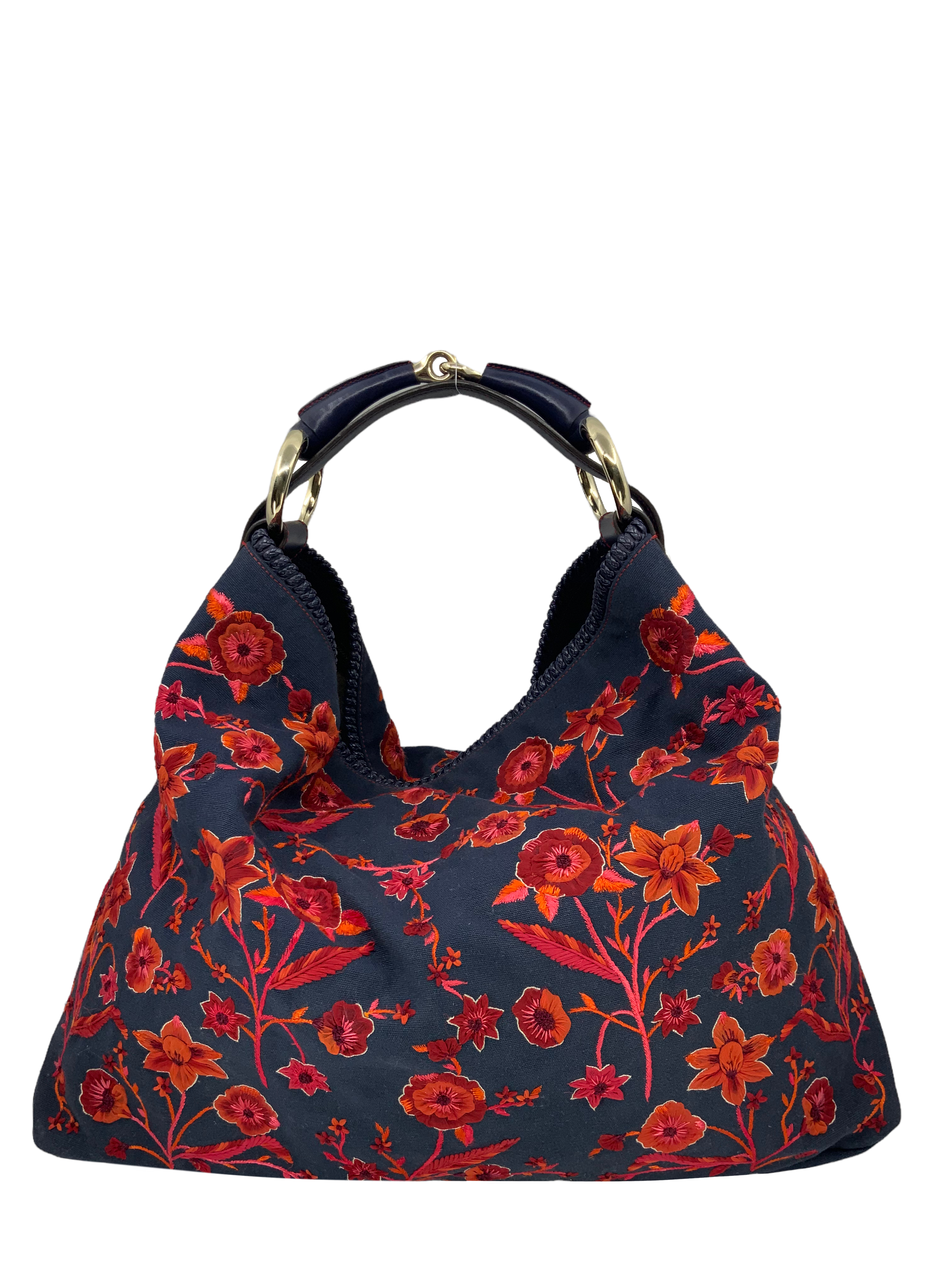 Gucci Floral Embroidered Canvas Large Horsebit Handle Hobo Bag - Women's Designer Shoulder Purse for Work, Travel & Everyday Use