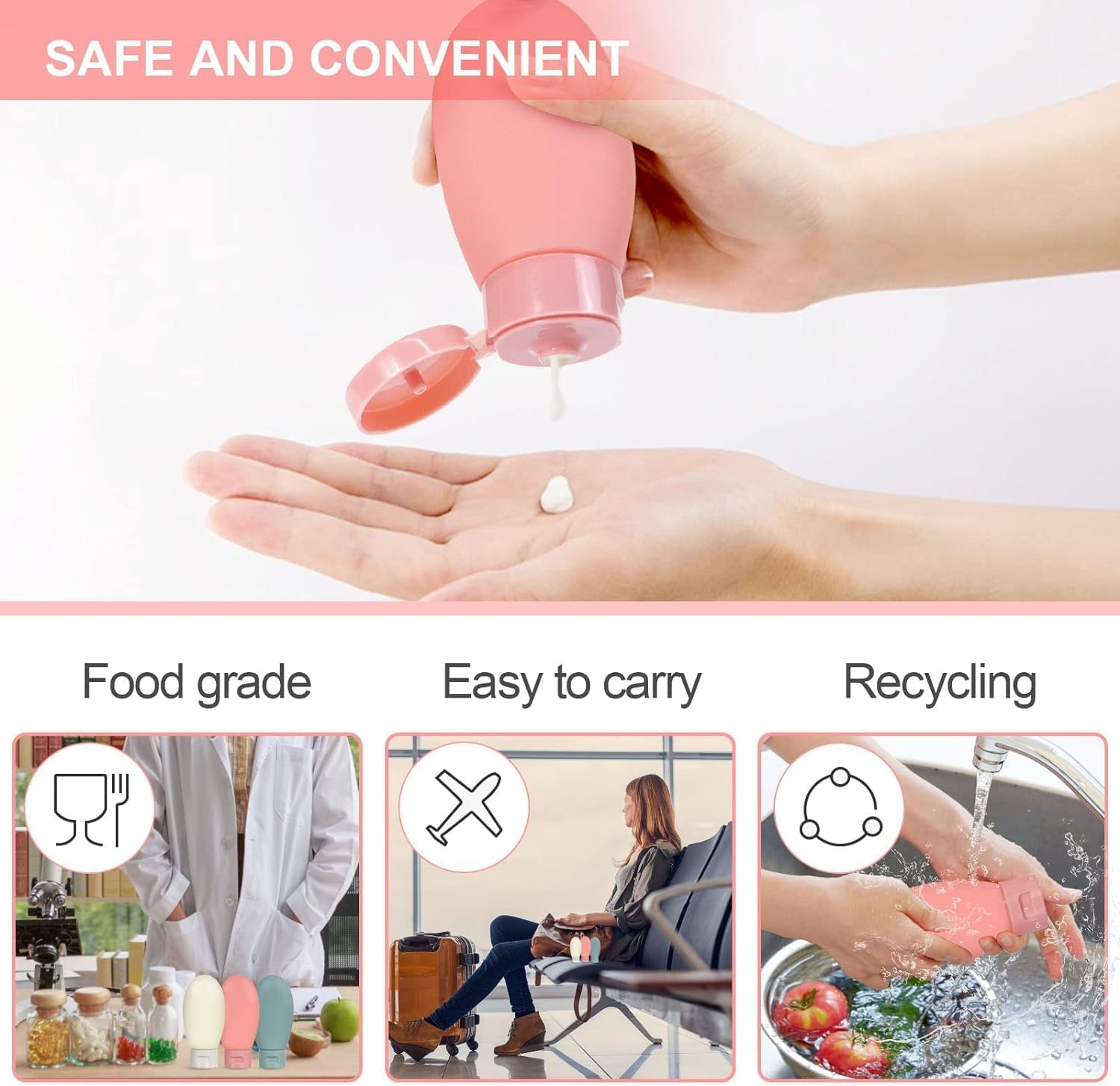 DOCAT 3-Pack Silicone Travel Bottles for Toiletries - 60ml Leakproof Portable Containers for Shampoo, Lotion, Cream & Hand Wash | Perfect Travel Essentials for Women | Ideal for Airplane Carry-On, Gym Bag & Vacation Packing