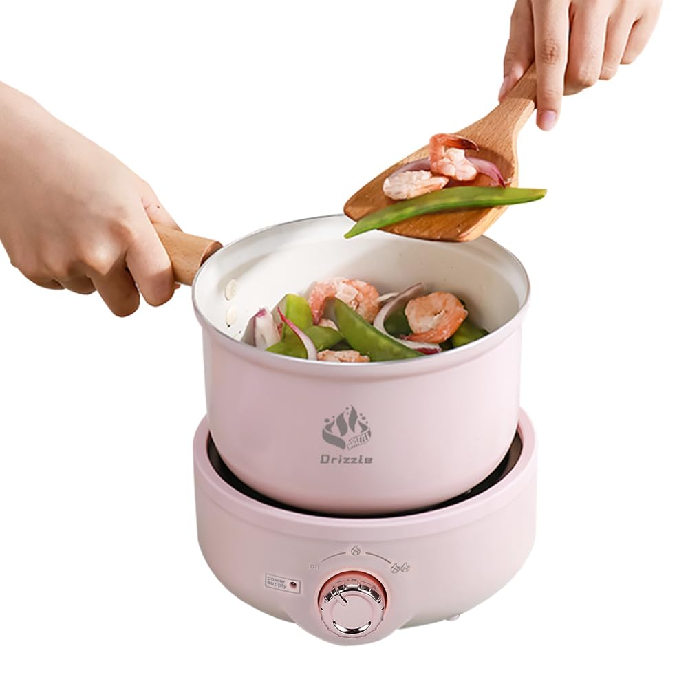 Drizzle Electric Hot Pot Cooker 1.8L - Portable Skillet Grill & Steamer for Dorm, Office, Travel - Perfect for Cooking Ramen, Noodles, Steak, Eggs, Pasta & Oatmeal - Ideal for Small Spaces & Quick Meals