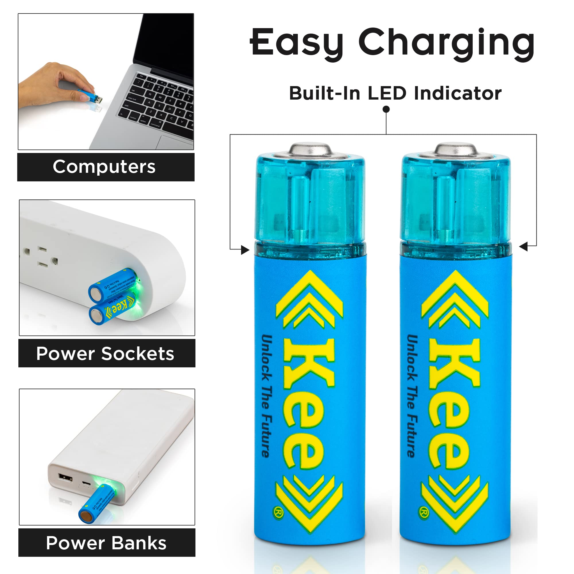 Kee AA USB Rechargeable Lithium-ion Batteries 2-Pack - Fast 2-Hour Charging, 1000+ Cycles, LED Indicator | Eco-Friendly Power for Cameras, Flashlights, Toys & Electronics