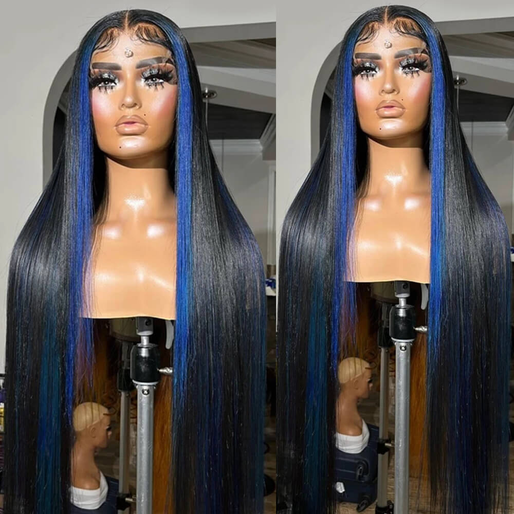 Eullair Red Blue Green Balayage Highlight Straight Lace Frontal Wig for Women - Peekaboo Highlights Human Hair Wig for Daily Wear & Cosplay