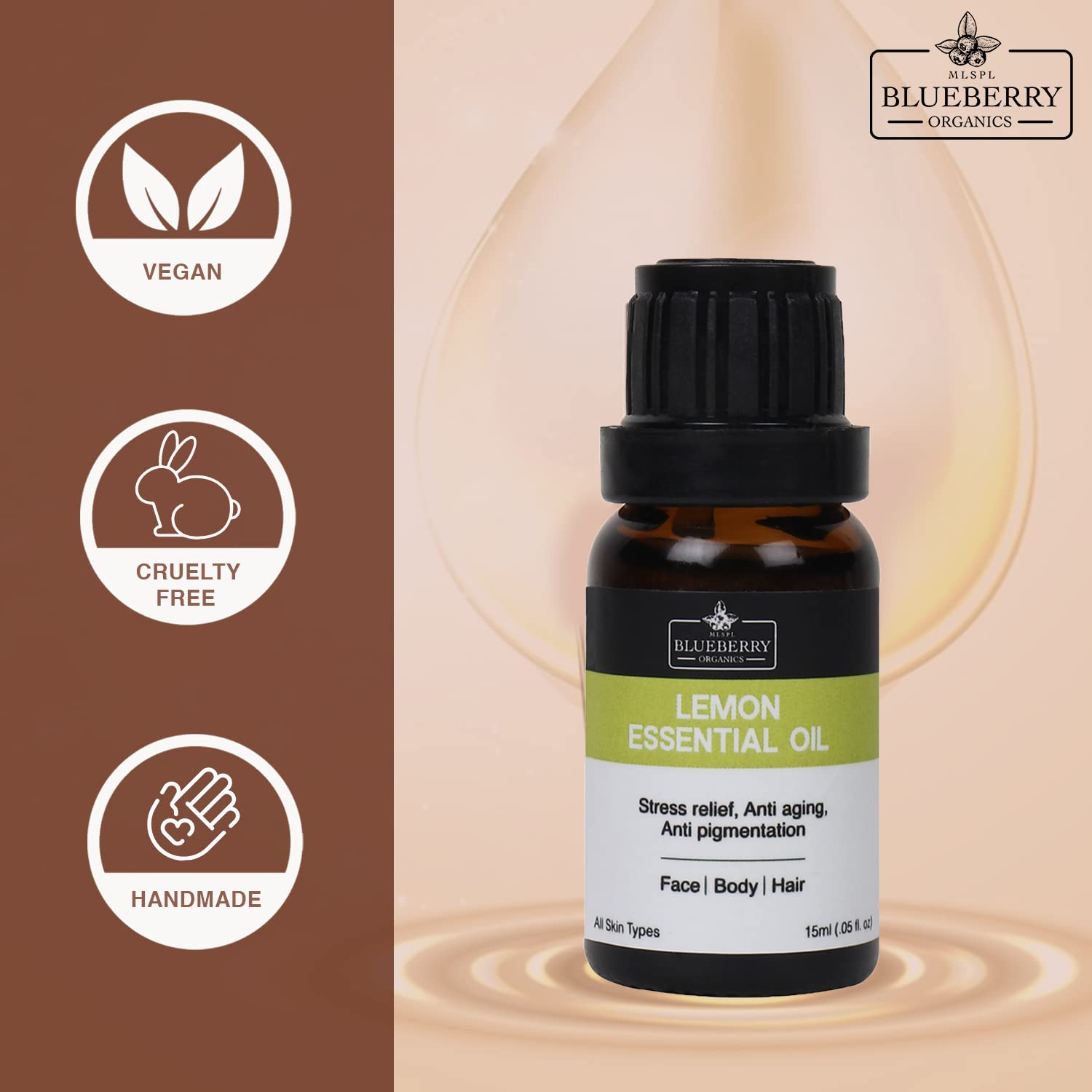MLSPL BLUEBERRY ORGANICS Pure Lemon Essential Oil - 15ml | Natural Skin Brightening & Dandruff Treatment | For All Skin & Hair Types | Perfect for Aromatherapy, DIY Beauty & Hair Care