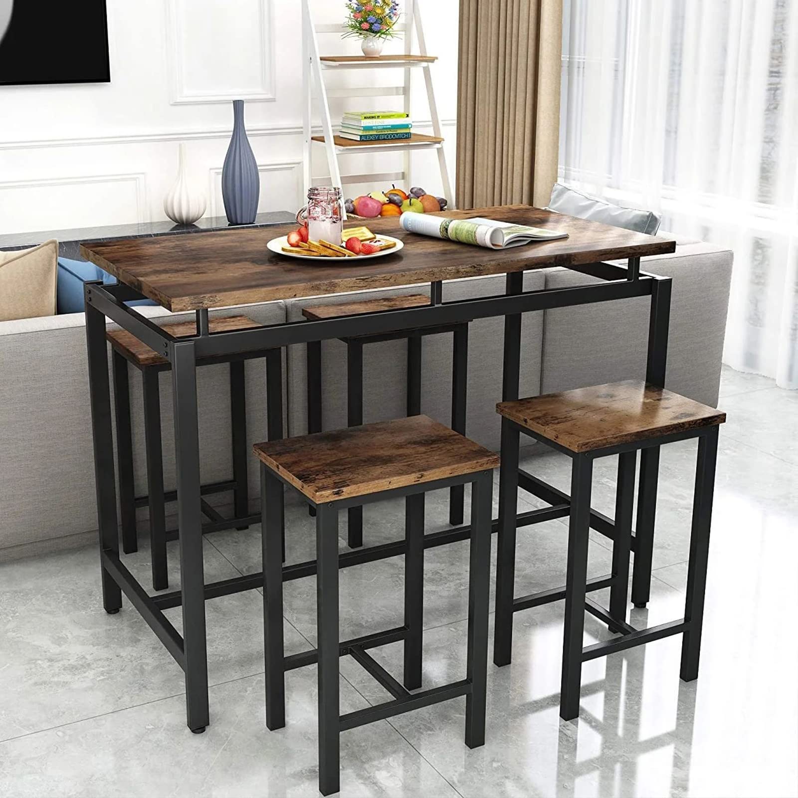 Modern 5-Piece Industrial Bar Height Dining Table Set for 4 - Kitchen & Pub Table with 4 Chairs - Perfect for Small Spaces, Breakfast Nooks & Compact Apartments - Durable Metal Frame & Wooden Tabletop for Casual Dining & Entertaining