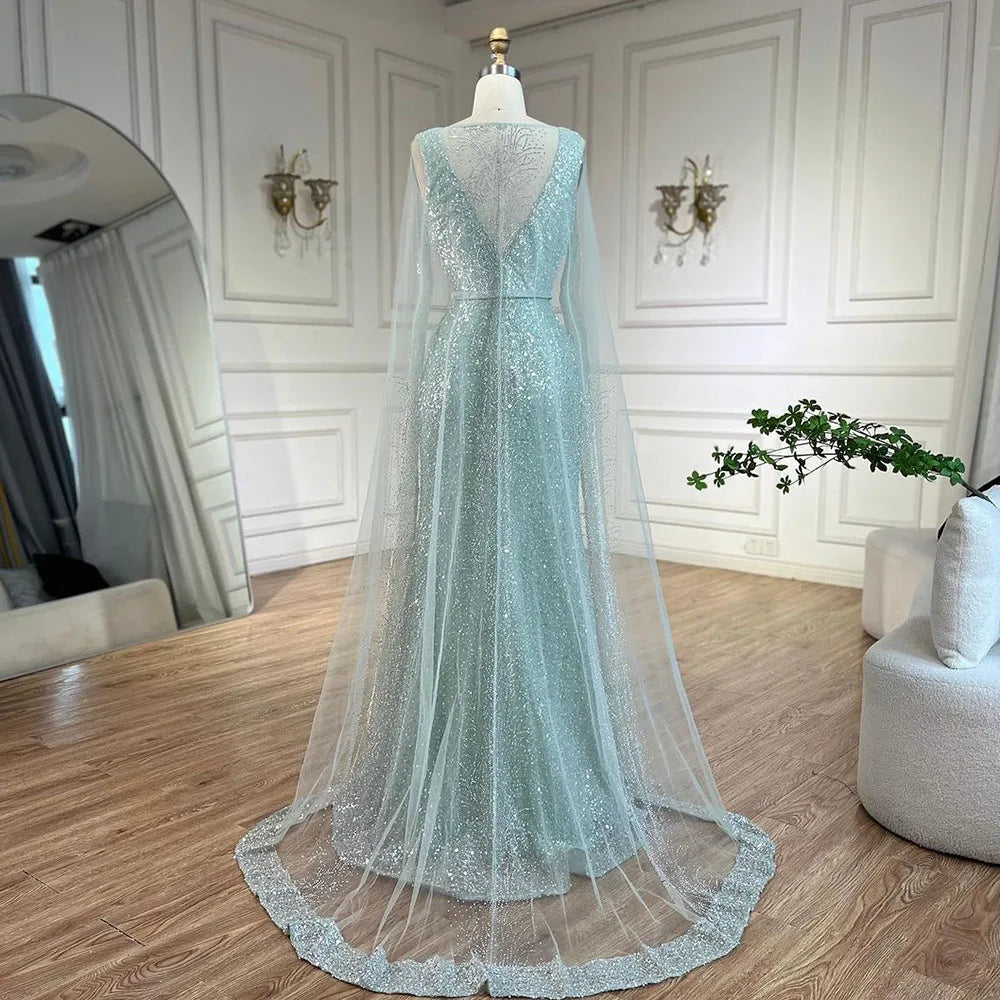 Elegant Arabic Turquoise Mermaid Evening Dress with Beaded Cape Sleeves for Women's Party | Dubai Luxury Formal Gown | Perfect for Weddings, Galas & Special Occasions - LA72574
