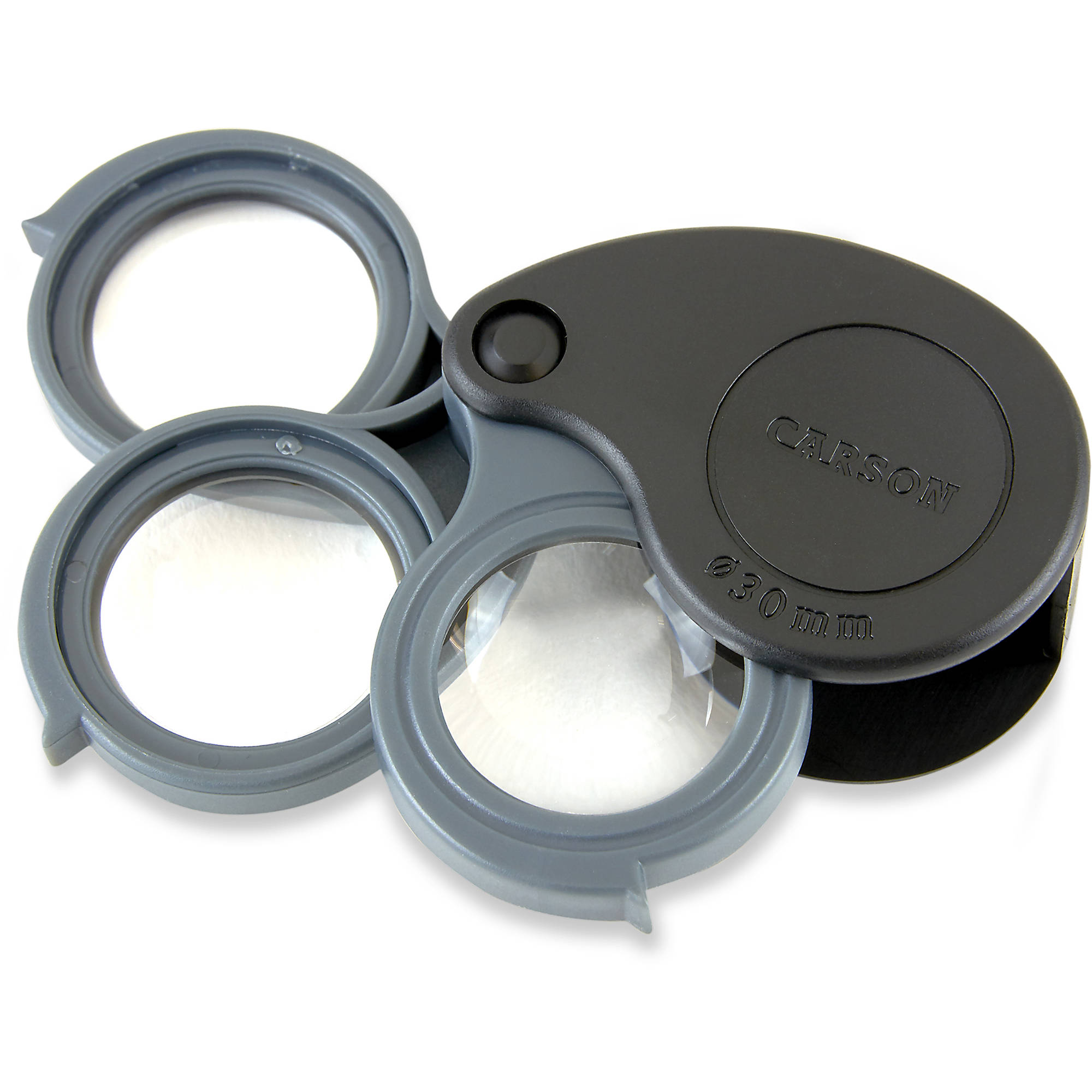 Carson TriView 5x 10x 15x Folding Magnifier with Built-in Case - Portable Jewelry Loupe for Coin Collectors, Stamp Hobbyists & Reading Small Prints - Ideal for Gem Appraisal, Antique Inspection & Close-up Work