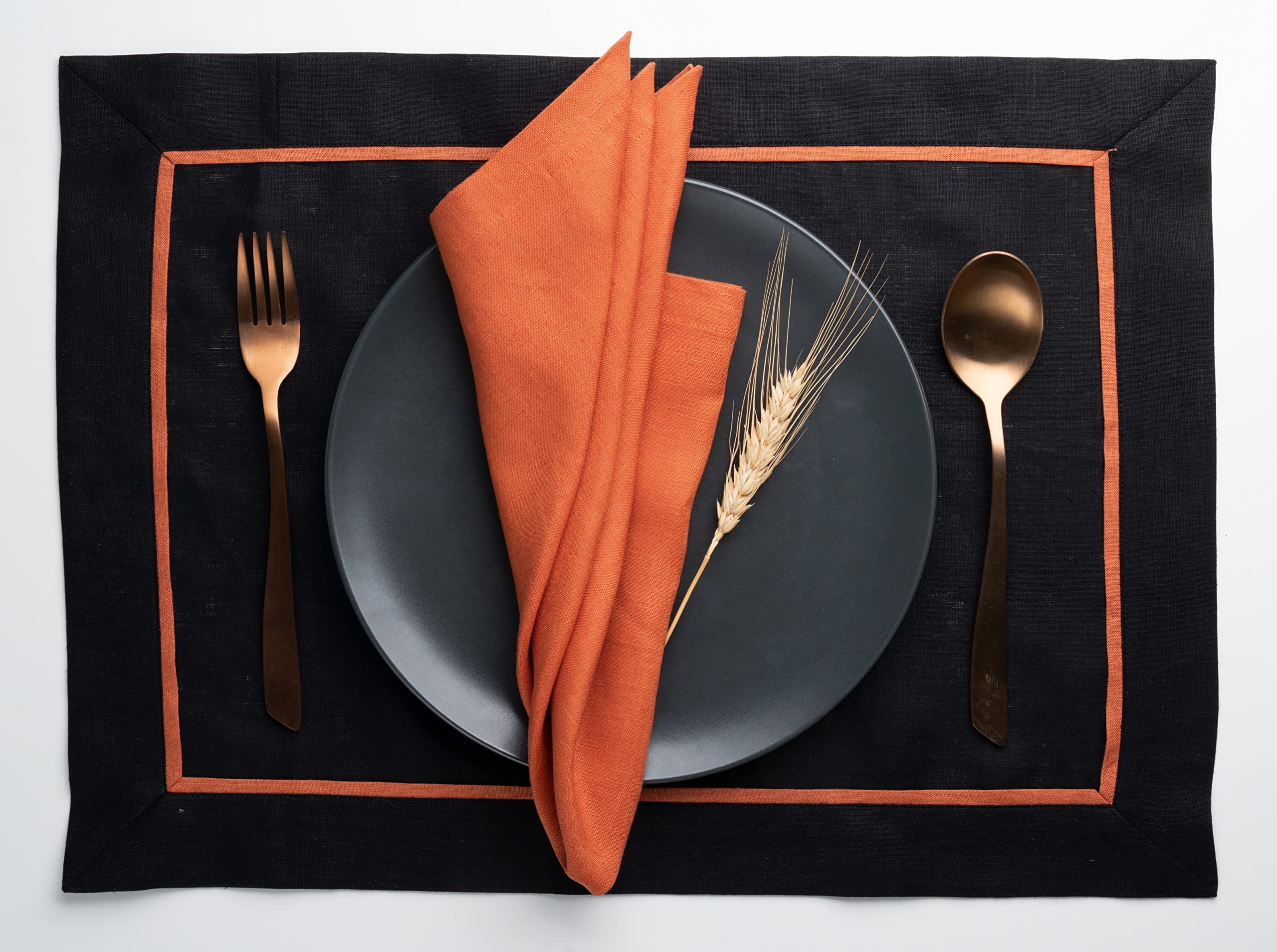 D'Moksha Homes 100% Pure Linen Placemats Set of 4 - Black with Pumpkin Trim (14x19 Inch) | Machine Washable Table Mats for Dining, Spring Decor & Holiday Entertaining | Elegant & Durable Fabric Place Settings