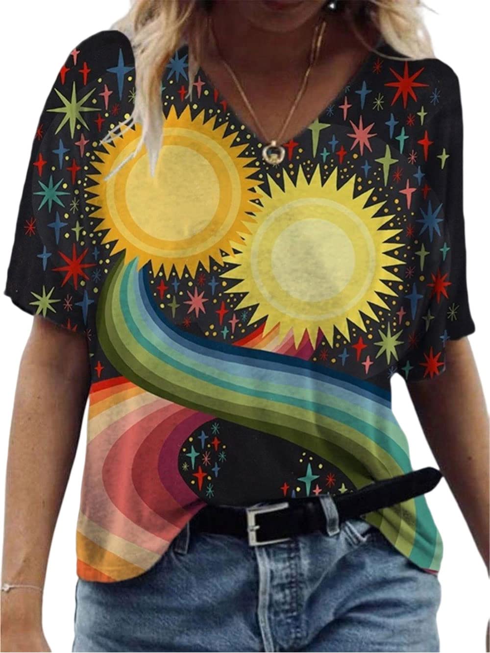 Women's Floral Print Short Sleeve V-Neck T-Shirt - Summer Casual Blouse Top for Women | Perfect for Beach Outings, Date Nights & Weekend Wear