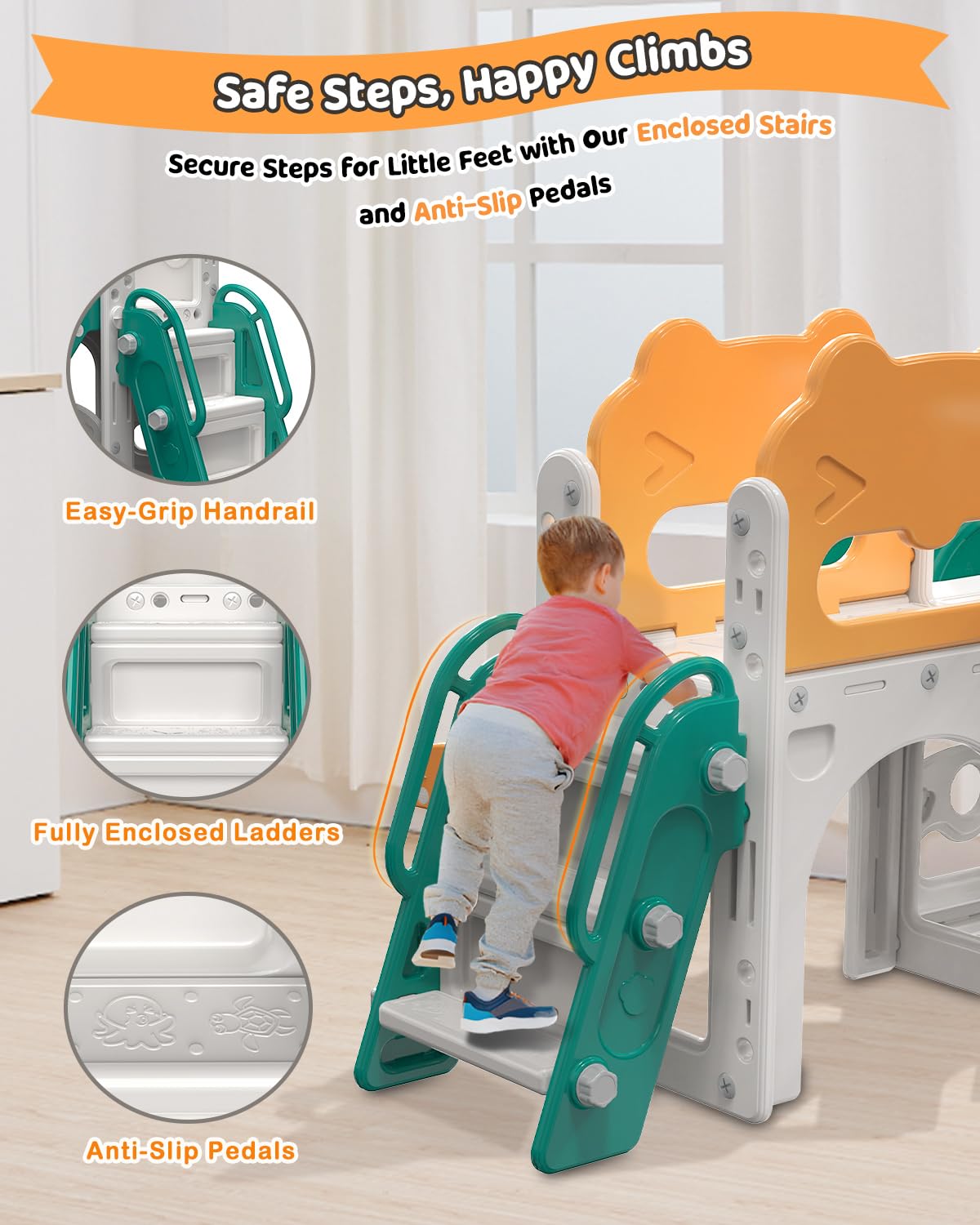 Babytronic 7-in-1 Toddler Slide Playset for Kids Ages 1-3 - Indoor/Outdoor Baby Slide with Basketball Hoop & Telescope - Green & Yellow Toddler Playground Equipment for Backyard, Nursery & Daycare Fun