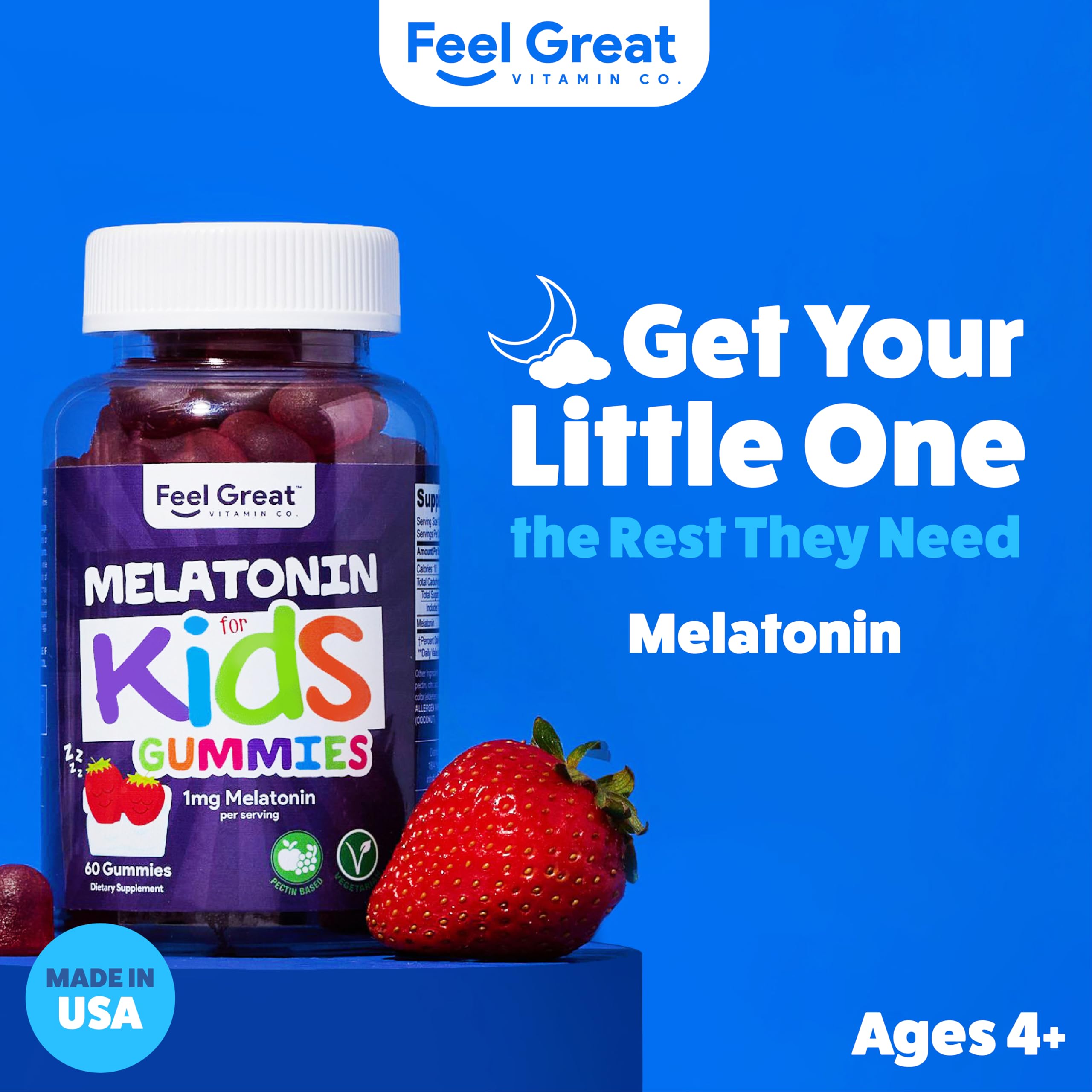 Feel Great Kids Melatonin Gummy - Strawberry Flavored Sleep Aid for Children | 1mg Vegan Melatonin Gummies for Kids | 60-Day Supply | Supports Bedtime Routine & Travel Sleep