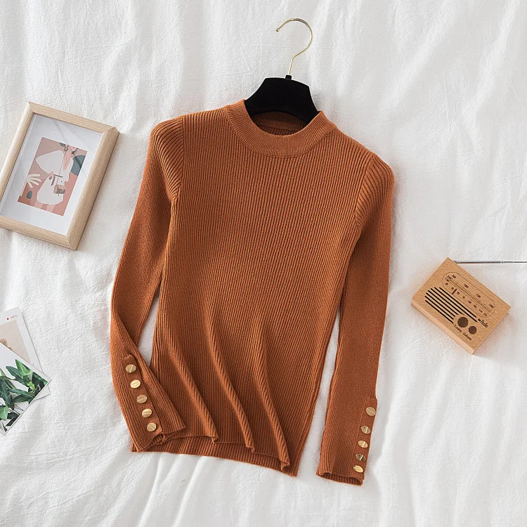 Thick Buttoned Long Sleeve O-Neck Sweater for Women - Cozy Winter Pullover for Casual Outfits & Office Wear