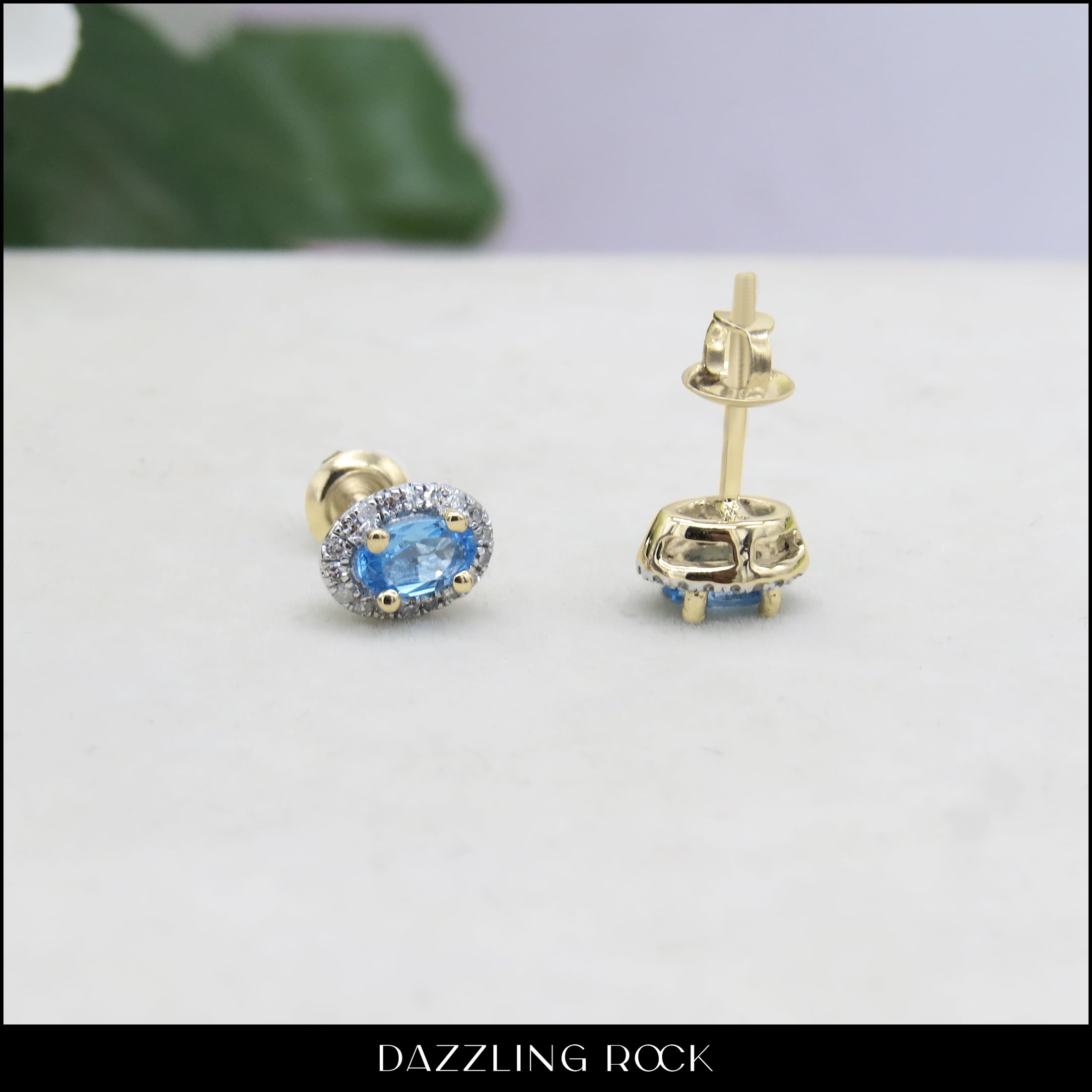 Dazzlingrock 10K Solid Yellow Gold Oval Gemstone & Round White Diamond Halo Stud Earrings for Women | 5x3mm Each | Elegant Jewelry Gift for Anniversary, Birthday & Special Occasions
