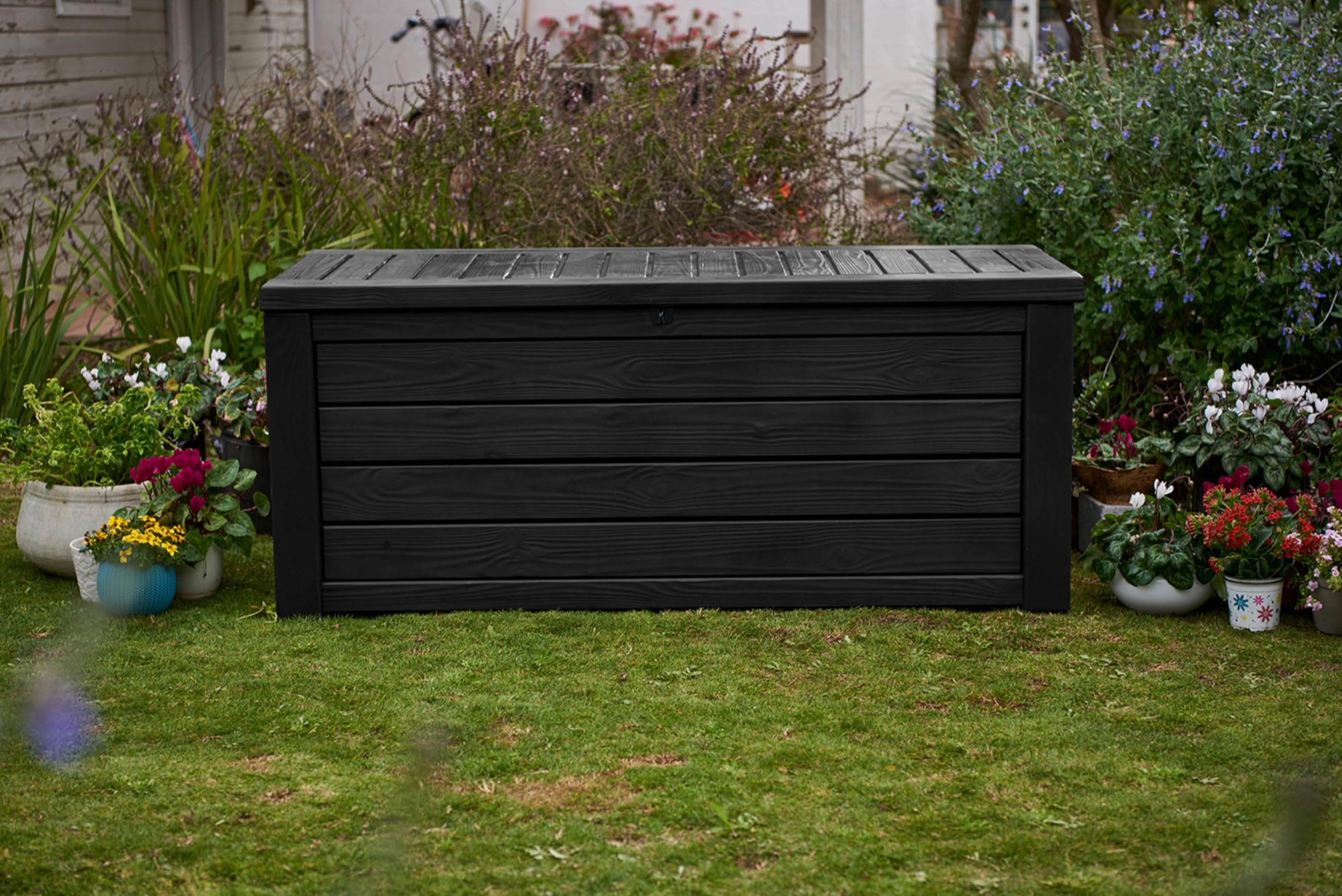 Keter 150 Gallon Outdoor Storage Deck Box - Waterproof Resin Patio Bin with Bench Seat - Dark Grey - Perfect for Backyard, Garden & Poolside Storage