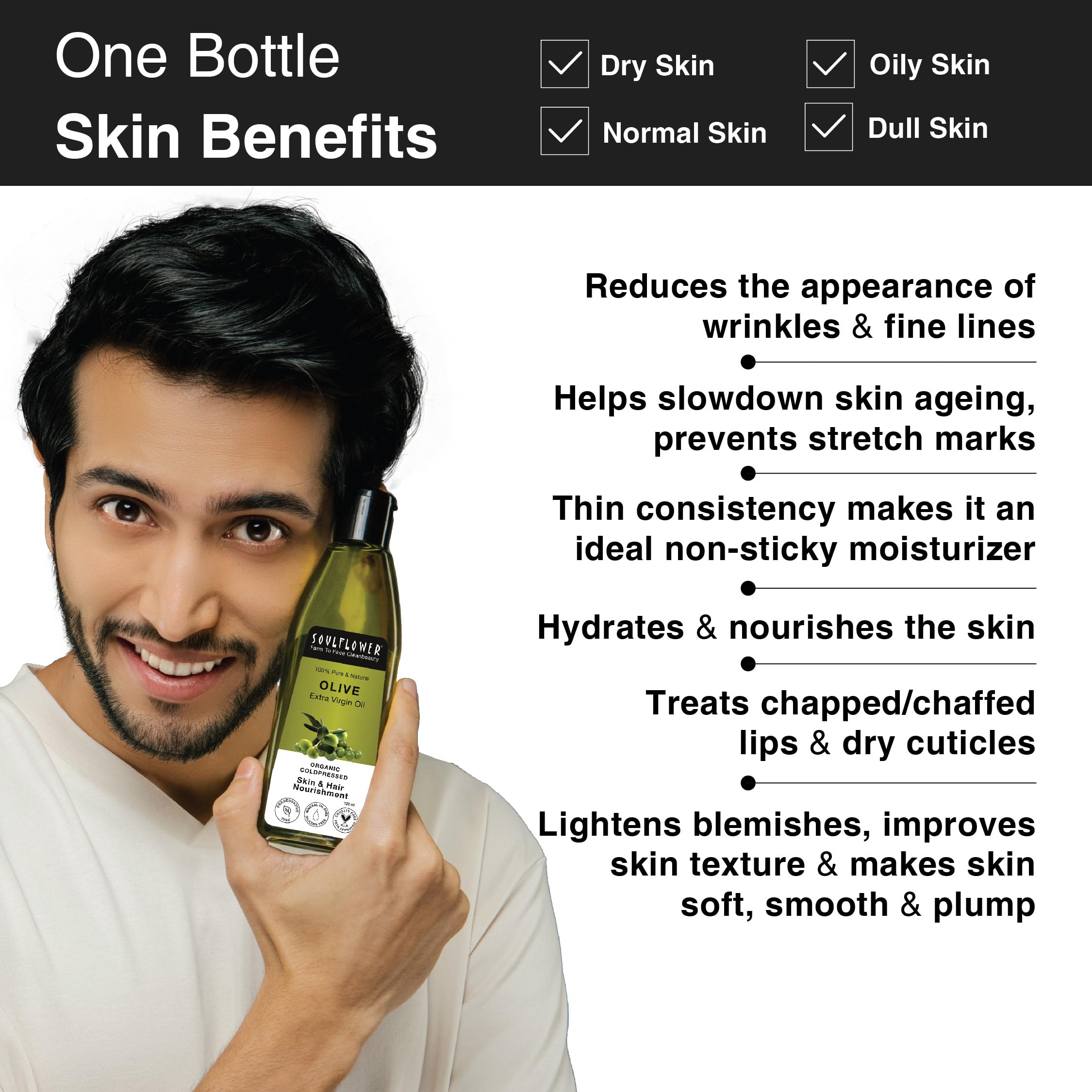 Soulflower 100% Pure Cold-Pressed Olive Oil for Hair Growth & Repair - Anti Hair Fall, Strengthens & Moisturizes Hair, Reduces Fine Lines & Wrinkles - Natural Makeup Primer (120ml) - Perfect for Daily Hair Care & Skin Hydration