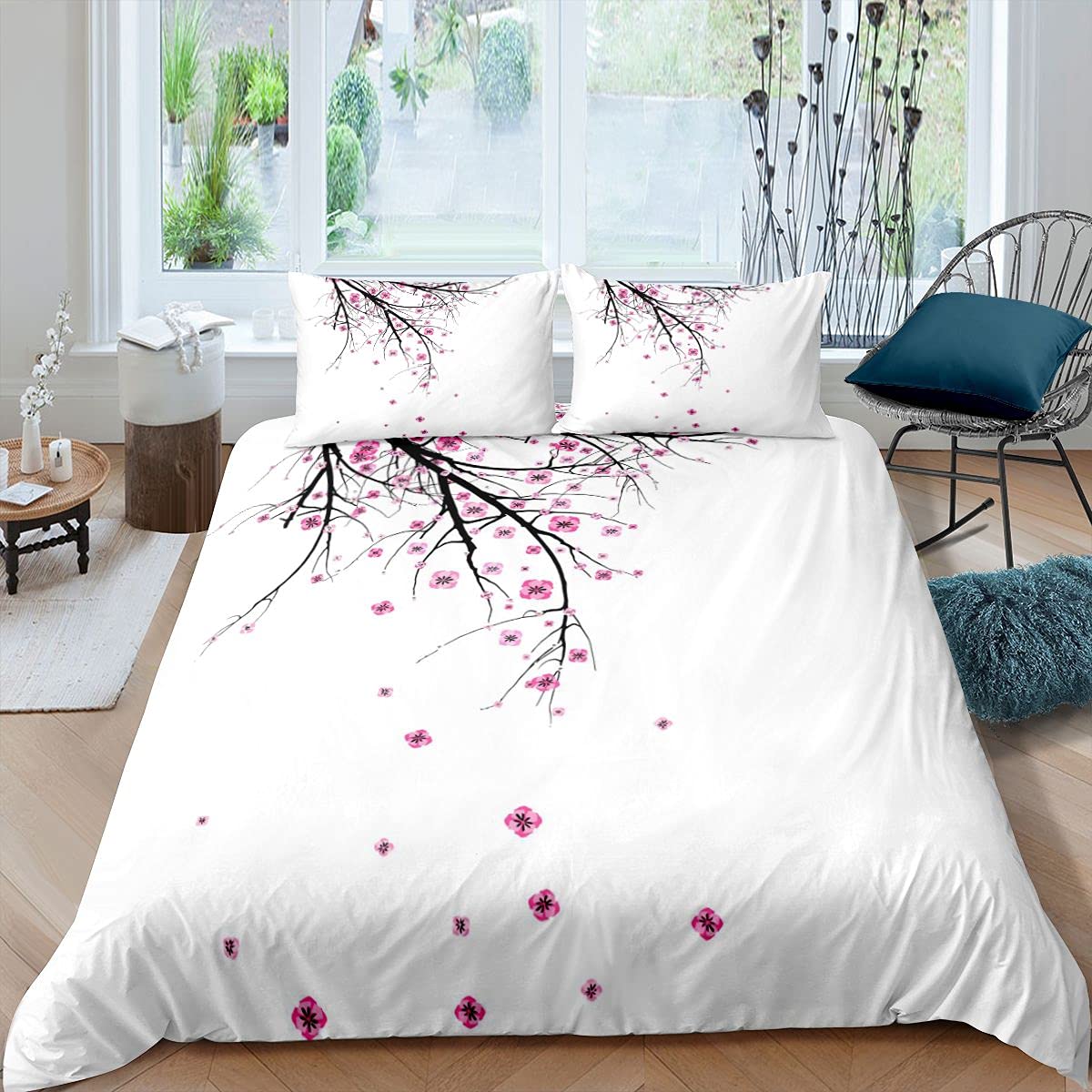 Feelyou Pink Cherry Blossom Duvet Cover Set - Floral Bedding Set with Blossom Flower Branches Design, Includes 1 Pillowcase (2PC Twin Size) for Girls Bedroom, Spring Decor & Cozy Sleep