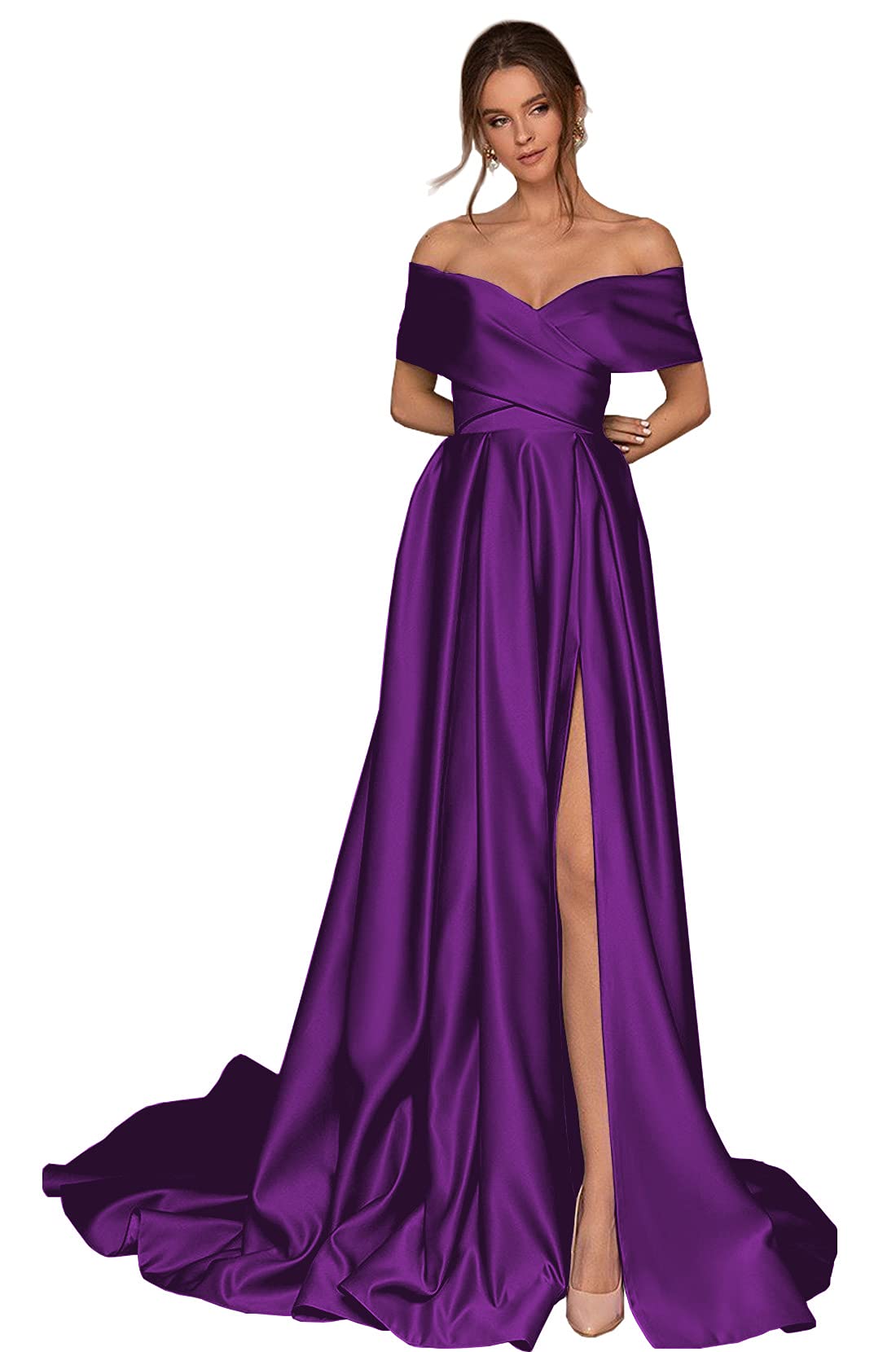 BONOYUER Women's Off The Shoulder Satin Prom Dress - Long High Slit A-Line Formal Evening Gown with Pockets for Homecoming, Wedding Guest & Cocktail Party